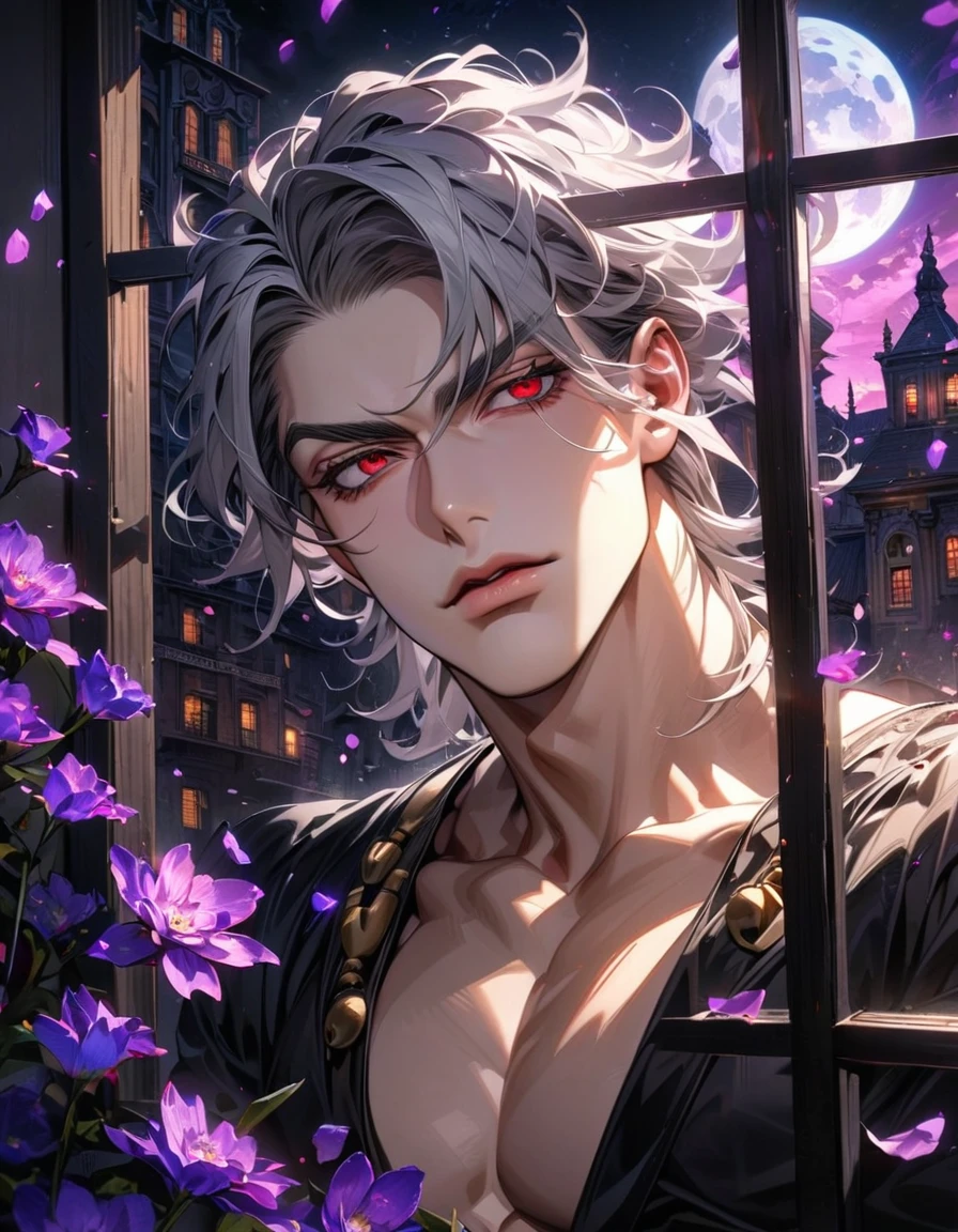 absurdres, highres, ultra detailed, HDR, master piece, ultra detailed picture, extremely detailed face and eyes, Risotto Nero, gray hair, expressive red eyes, Jojo bizarre adventure, sexy man, solo, handsome, black clothes, moon, window, purple flowers, petals, purple shining lights