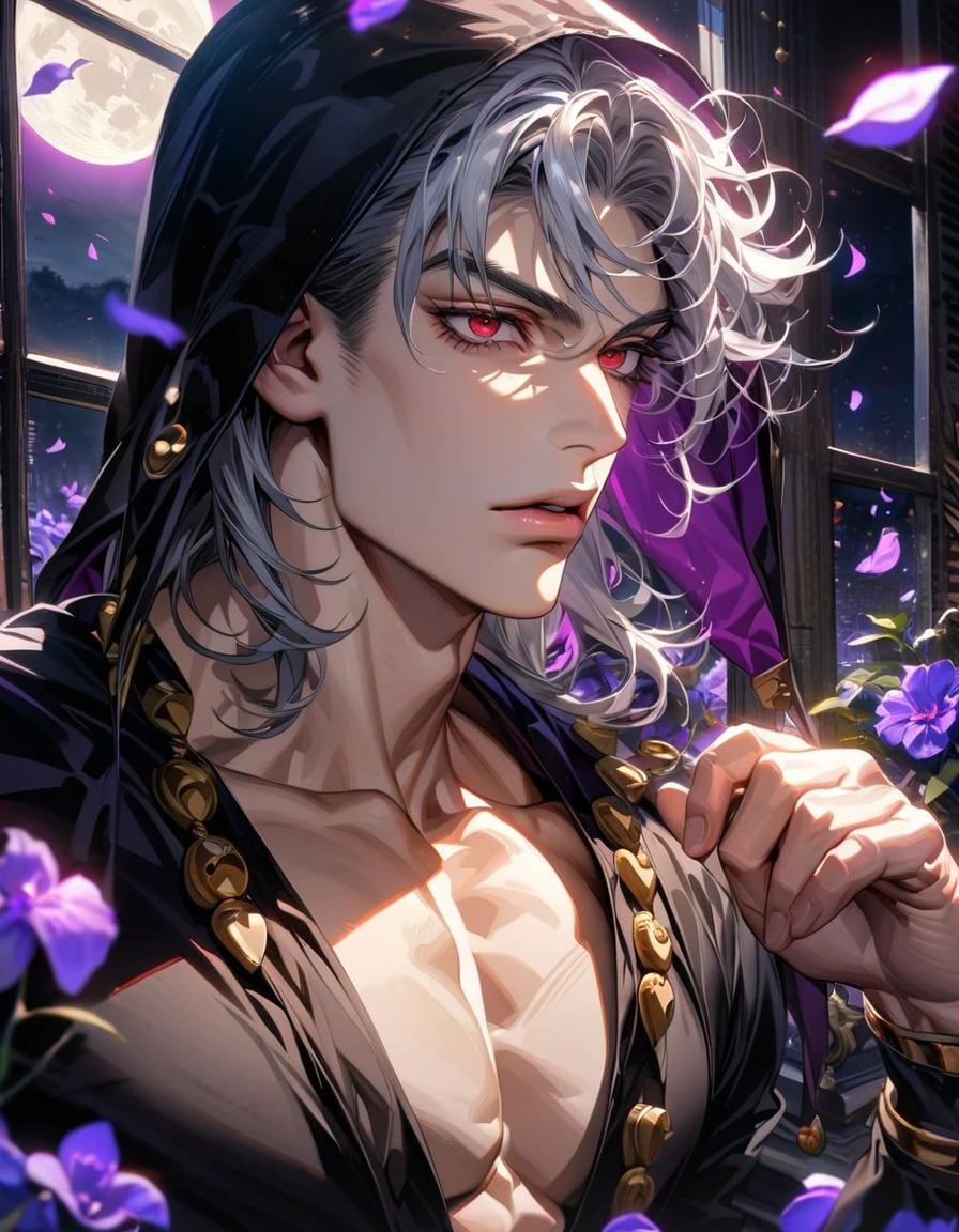 absurdres, highres, ultra detailed, HDR, master piece, ultra detailed picture, extremely detailed face and eyes, Risotto Nero, gray hair, expressive red eyes, Jojo bizarre adventure, sexy man, solo, handsome, black clothes, moon, window, purple flowers, petals, purple shining lights