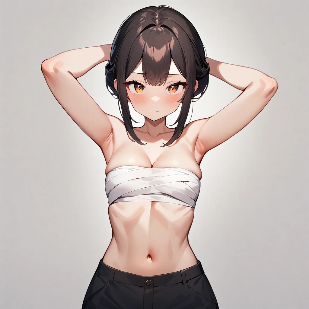 nsfw,1girl,front view,chest_sarashi only,best quality,very aesthetic,absurdres,slacks,cowboy shot,cleavage,sidelocks,looking at viewer,cowboy shot,topless,cowboy shot,Underarm,arms up