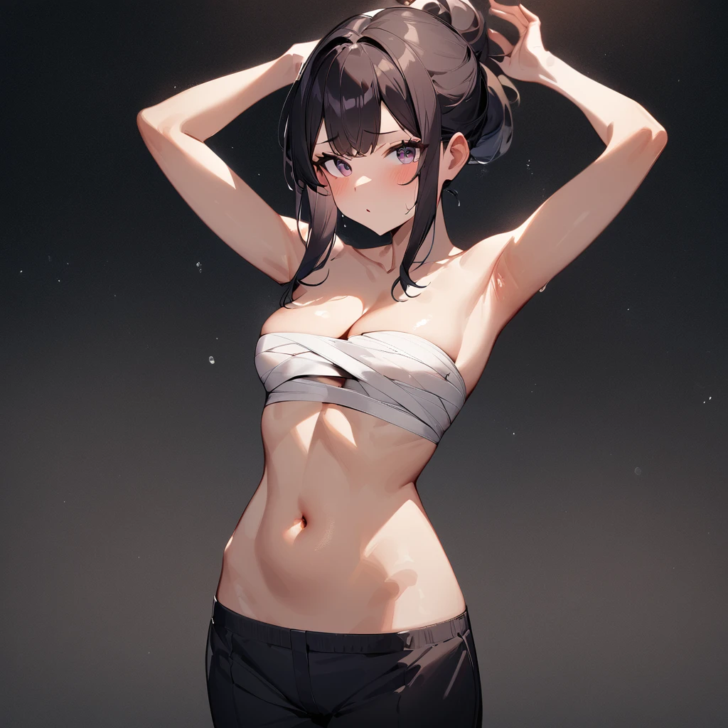 nsfw,1girl,front view,chest_sarashi only,best quality,very aesthetic,absurdres,slacks,cowboy shot,cleavage,sidelocks,looking at viewer,cowboy shot,topless,cowboy shot,Underarm,arms up