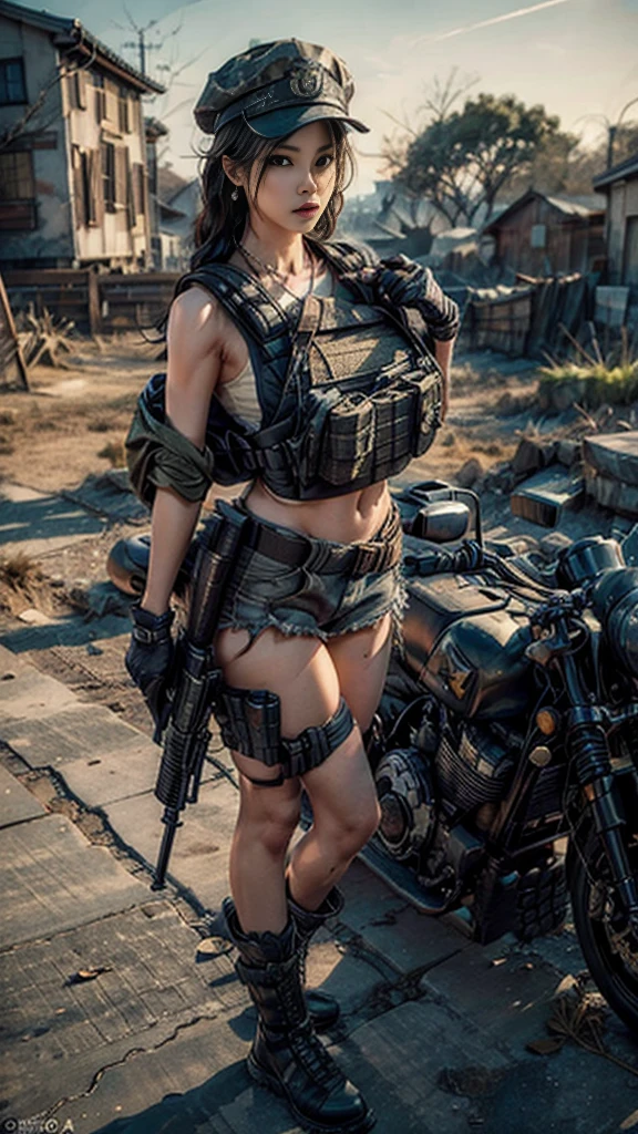 (Realistic photos:1.3, 16k, highest quality, masterpiece, Ultra-high resolution), Perfect dynamic composition:1.2, Very detailedな肌と顔の質感:1.2, , (Covered in scars:1.0, war:1.0, battlefield:1.0, warの世界:1.0, Increase the disruptive element:1.0, rubble:1.0, Innovative Configuration:1.0), Professional camera work, Action pose:1.0, Very detailed, Beautiful Japanese women serving in the US military, (Automatic rifle:0.5, Bulletproof vest:0.5, Torn clothes:1.0, Backpack:0.5, boots), Incredibly slim body, Fair skin, Very beautiful face, Stern expression, Shapely breasts, Chest gap, (Big eyes that exude beautiful eroticism, Lips that exude beautiful eroticism), Cowboy Shot, necklace, Earrings, bracelet