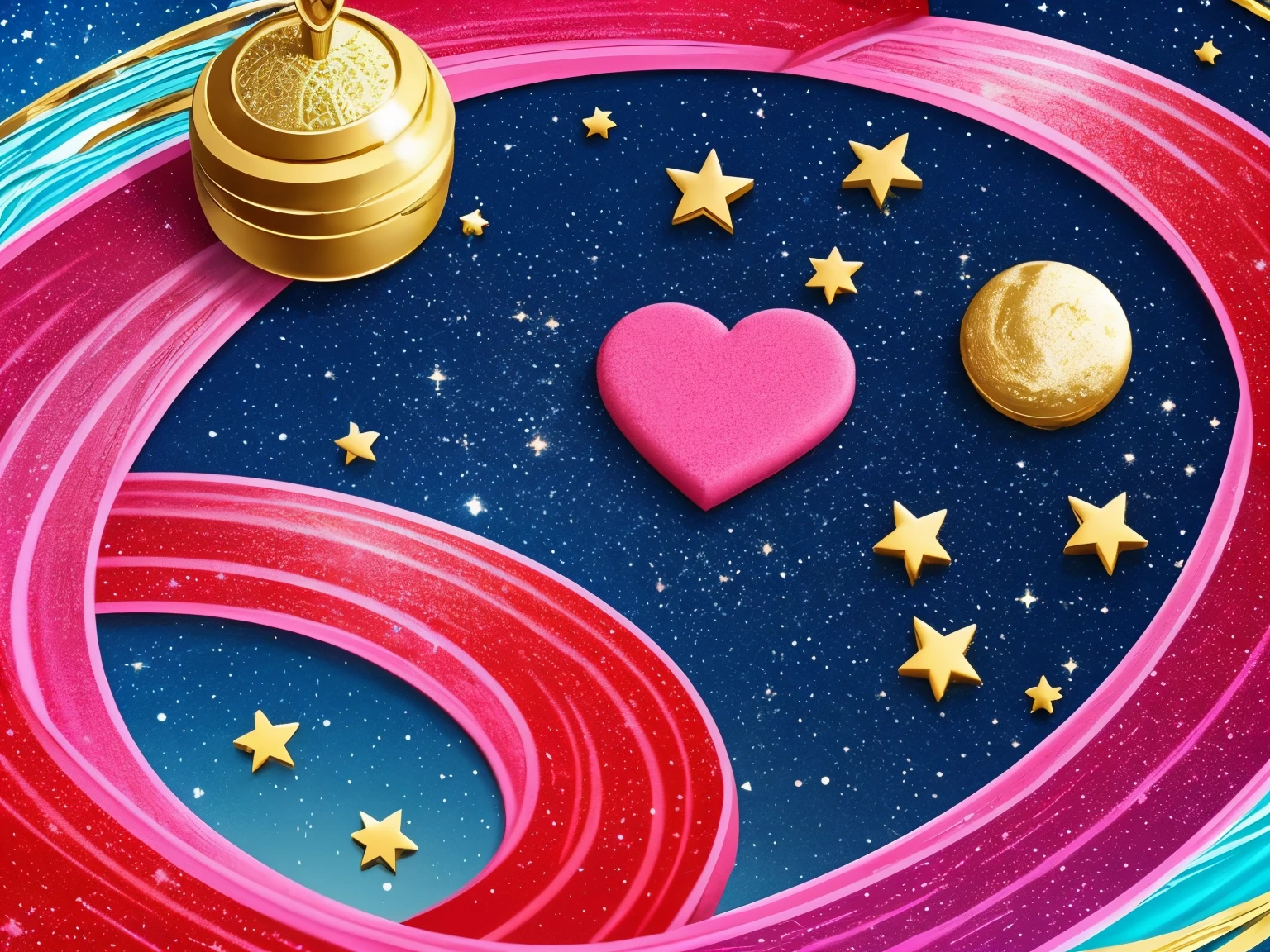 best quality, super fine, 16k, a river in space with countless gold star marks and several pink heart marks flowing like a river, a red crescent moon