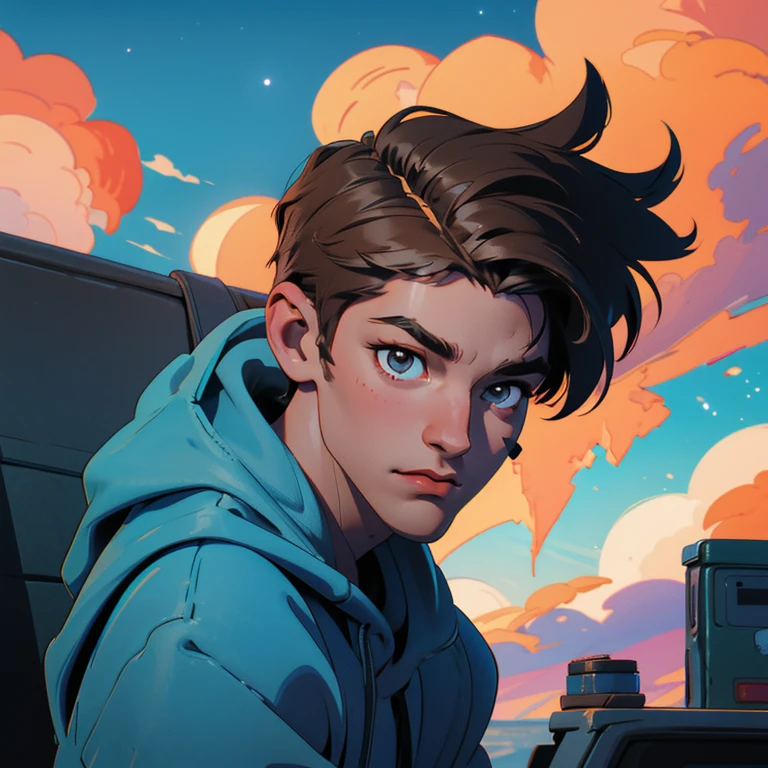 20 year old male with a calm expression falling from the sky, wearing a hoodie, detailed face, ultra detailed, 8k, perfect anatomy, detailed skyline, clouds, stars