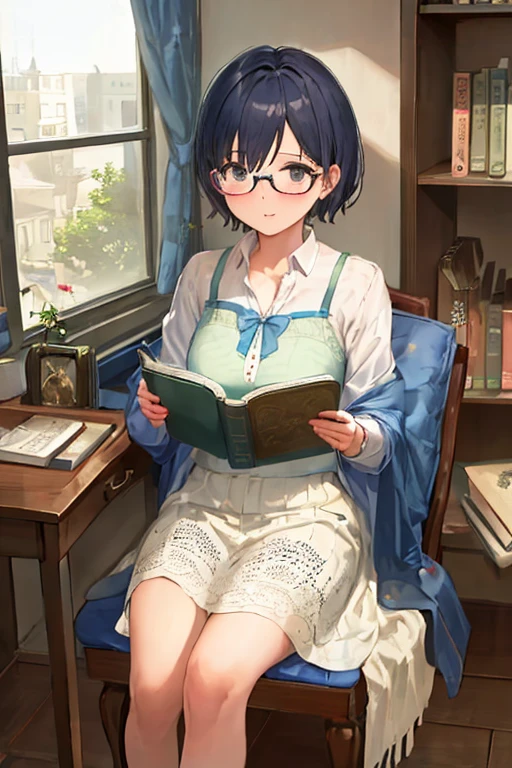 (best quality, masterpiece:1.2), A beautiful girl with a blue short cut wearing glasses is reading a book.