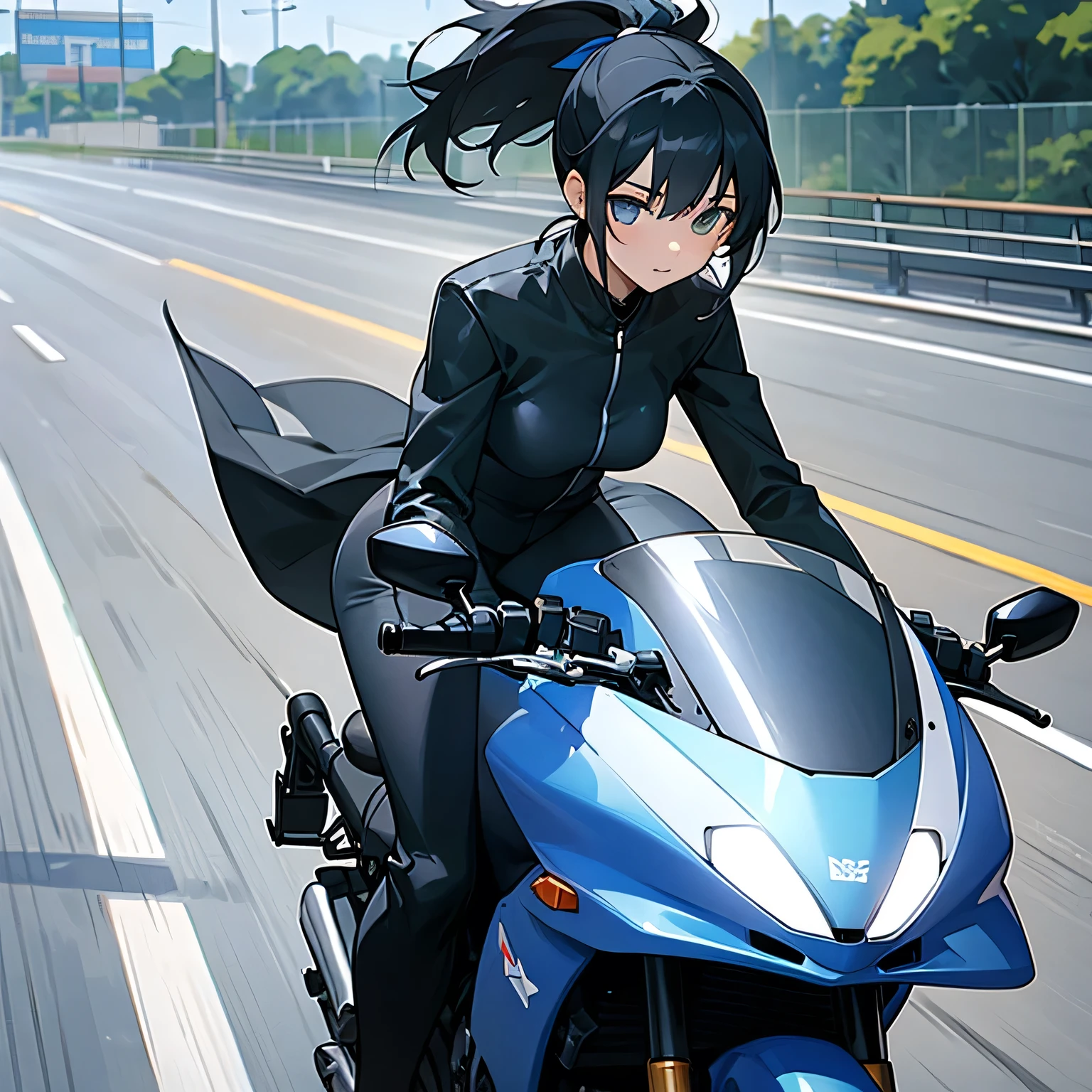 girl、Black Hair、ponytail、Black rider suit、Blue ribbon、Riding on motorcycle、Expressway