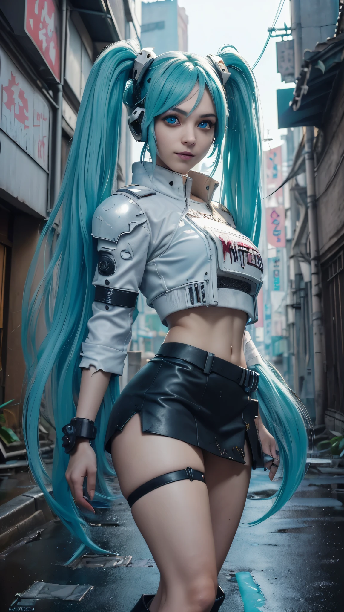 (La mejor calidad,A high resolution,Ultra - detallado,actual), Miku Hatsune, ,(Ruined alley Tokyo cyberpunk dungeon ruins background :1.4 ), pechos grandes, dynamic pose , (pelo verde  colas gemelas) ,(miniskirt white corta:1.4), cabello muy largo) , pon tus b, cara relajada, pelo de las cejas, cabello brillante,,(Fondo de ruinas de mazmorra en ruinas cyberpunk :1.4 ), piel brillante, una ligera sonrisa, Racing Miku, cuerpo negro, chaqueta corta, (chaqueta blanca:1.4), mostrando vientre plano, , manga larga, guantes de dos tonos, botas altas de muslo,,(Fondo de ruinas de mazmorra en ruinas nublado lluvia :1.4 ),(Obra maestra: 1.4), (8k, realista, foto cruda, La mejor calidad: 1.4),(Miku Hatsune:1.4), (Miku hatsune V2.1), (Detalles de la cara: 1.5, (ojos azules hermosos detailed :1.4) , hermoso rostro, ojos bonitos, Iris lining, labios delgados: 1.5, delgado, pale and sharp eyebrows, Largo, dark eyelashes, double eyelashes), (dedos detailed : 1.4) ,( dynamic pose), (perfect anatomy), (face detailed :1.4), , (Hatsune Miku Cosplay),( no mutaciones), ,(Fondo de ruinas de mazmorra en ruinas cyberpunk :1.4 ), EasyNegative, huge breasts, Airbrushed, cgi, monochrome, (black and white), large head, oversize head, disproportionate body 