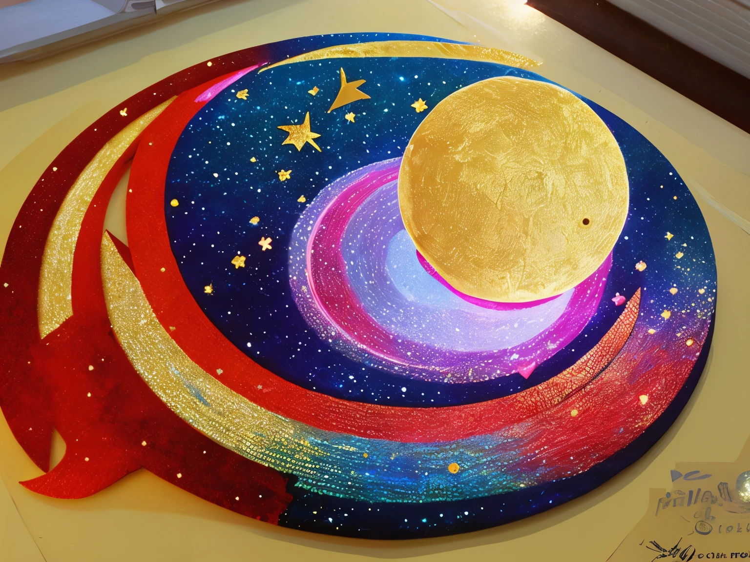 best quality, super fine, 16k, a river in space with countless gold star marks and several pink heart marks flowing like a river, a red crescent moon