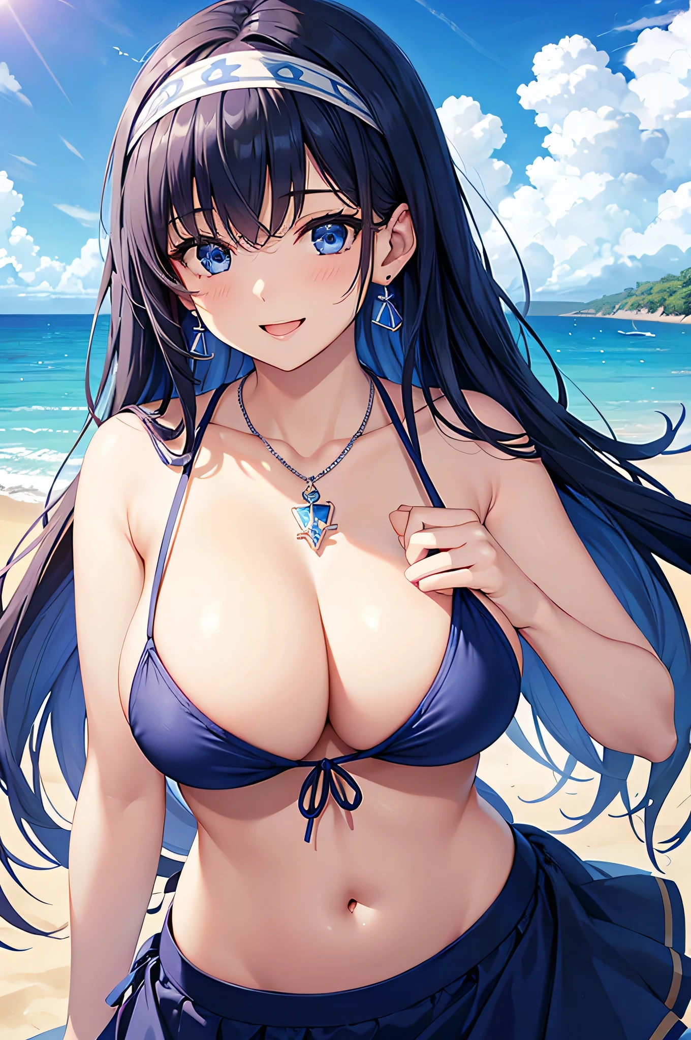 highest quality、Best image quality、masterpiece、beautiful girl、Navy blue long hair、blue eyes、Navy Blue Bikini、Big cleavage、(Big Breasts)、smile、blue necklace、Blue Earrings、background(Beach)、Sexy pose、Please open your mouth wide、Navy Blue Skirt、White headband、Dynamic Angle