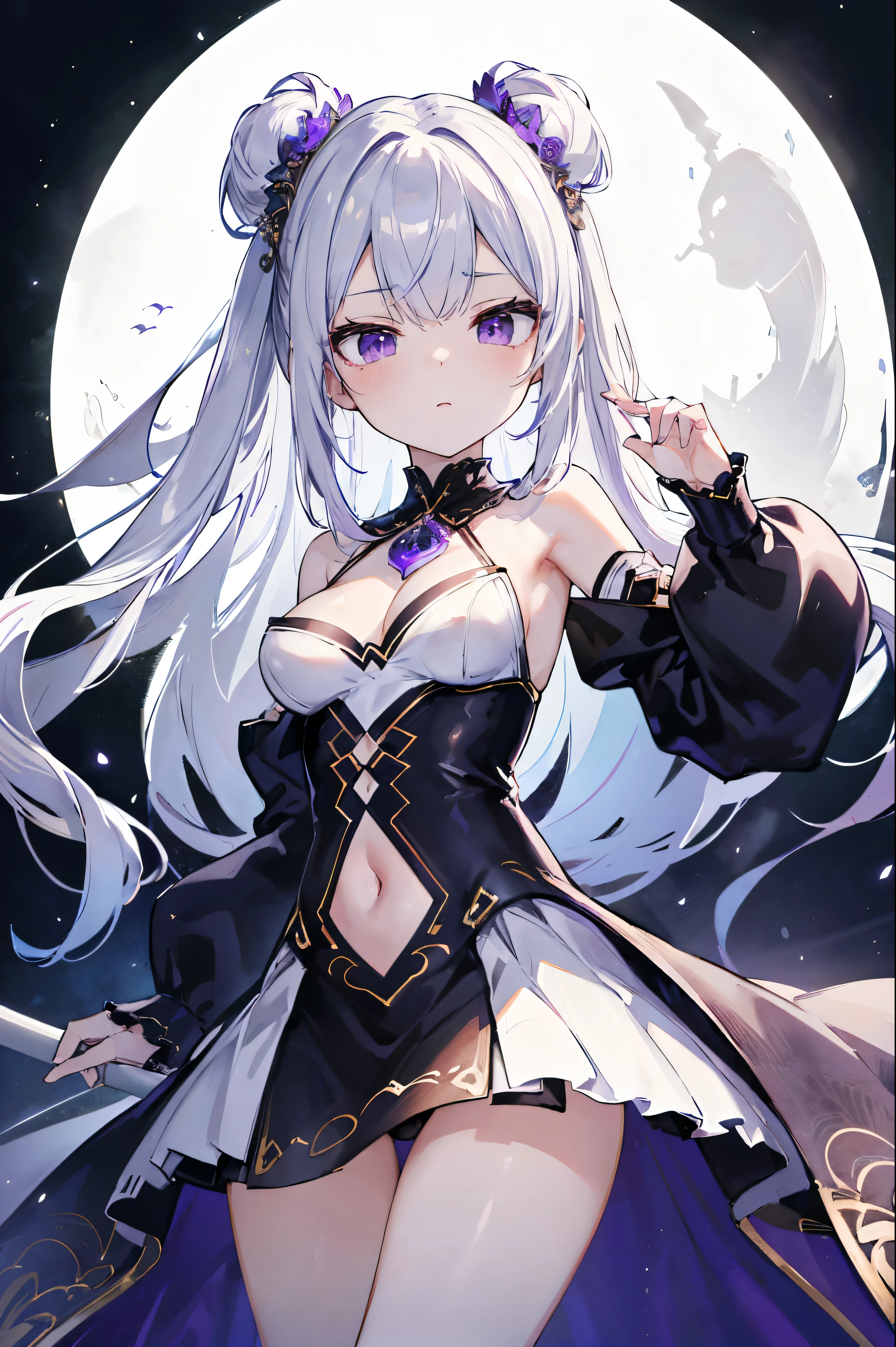 1girl, anime, cute girl, blank background, white background, fantasy, detailed fantasy dress with highlights, beautiful face, beautiful eyes, dark colors, black hair with multicolor streaks, red eye with different color pupil in eye, multicolor eye, medium breasts, slight cleavage, beautiful skin, cute, breast curtains, extremely delicate and beautiful, (beautiful detailed face:1.0), (detailed deep eyes), symmetrical breasts, deep eyes, shiny skin, portrait, slender waist, hips wider than shoulders, thighs, expressionless, young girl, luminous eyes, adorable,(Kpop idol),(aegyo sal:1),(Platinum blonde hair:1),((puffy eye)),Black panty,sexy posture,Superskirt, Ultra-high resolution,Black collar,slim figure, Abdominal y tattoo, womb tattoo,Tight-fitting leg ring,y tattoo on half-body,Bare skin, Armored hand,Hidden fingertips,Hand covered,Arm covered,Fist covered,{{beautiful detailed fingers}}, tufts of hair, moderate beautiful breast:1.0,(masterpiece:1.2), best quality, high-res, HDR, perfect face, intricate armor, delicate blue filigree, intricate filigree, red metalic parts, detailed part, dynamic pose, dynamic lights, cute face, neutral expression, shuimobysim, lotus, hanfu, maxi skirt, dress conservatively 1girl, solo, long blue hair, standing, One lady,14years,((White hair) ,((Normal breasts)), (Shiny purple bodysuit with microskirt),((Fantasy, Moon Night))