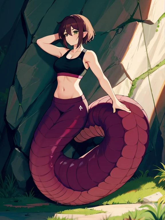 1female, snake eyes, brown snake hair, scaly skin, tank top, black baggy pants, serious,