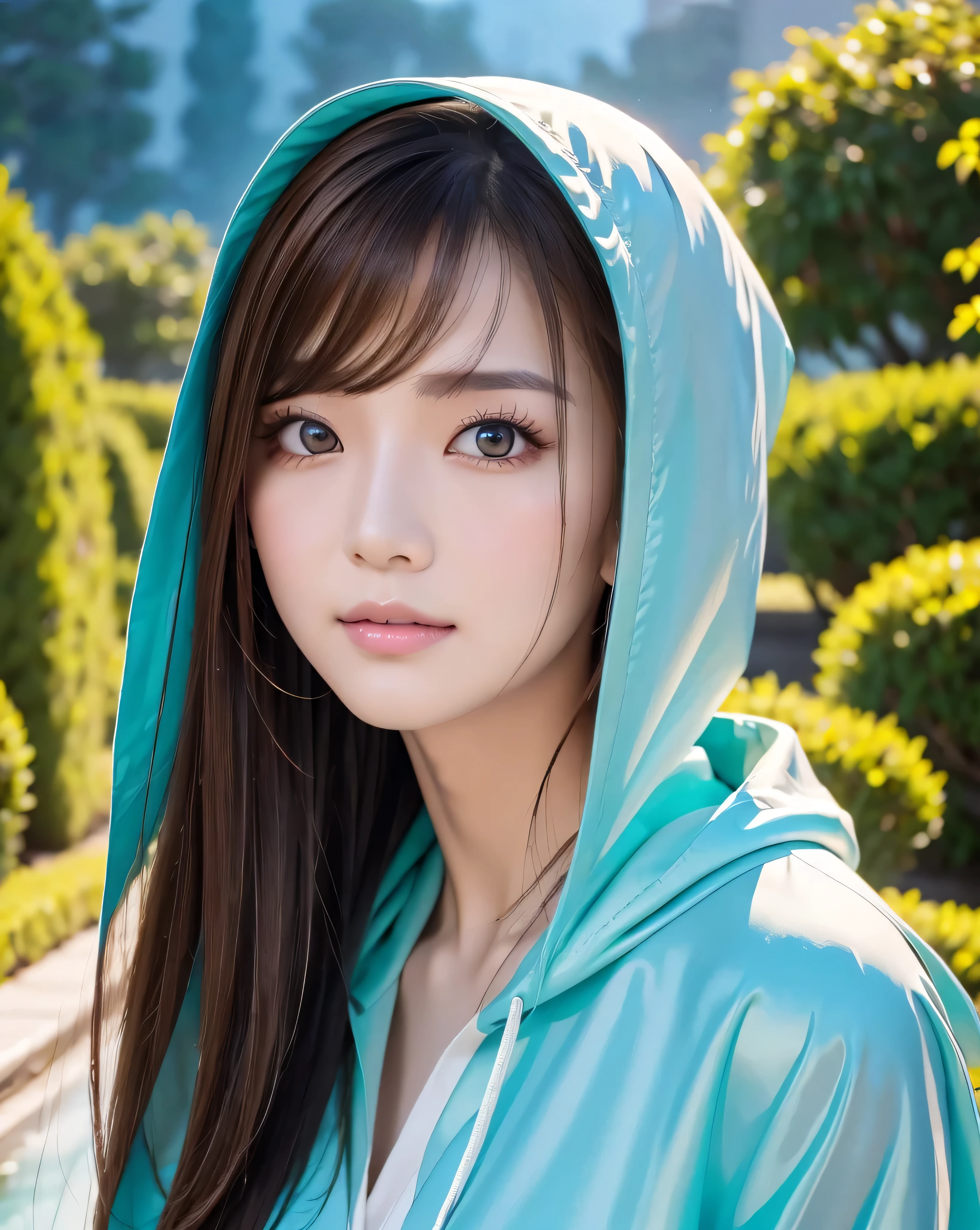 (highest quality, 32k, High resolution, Masterpiece:1.5), marimo_jet, Fantastic Silence, ((Decadent world:1.2)), Ancient ruins submerged in a clear blue lake, ((Grass and vines overgrow)), Beautiful Japanese Woman, An exceptionally beautiful face, ((Shiny wet brown hair)), ((Super long straight silk hair swaying in the wind)), Asymmetrical bangs, Magically large eyes, A profile with a fleeting expression, Smooth and soft white skin, Beautiful thin and fine eyebrows, double eyelid, Natural Makeup, Pale pink detailed lips, ((Turquoise hooded raincoat:1.1)), Slim figure, ((Gentle rain falling from a cloudy sky)), Professional Lighting, Professional Photographer, Professional Model, mysterious