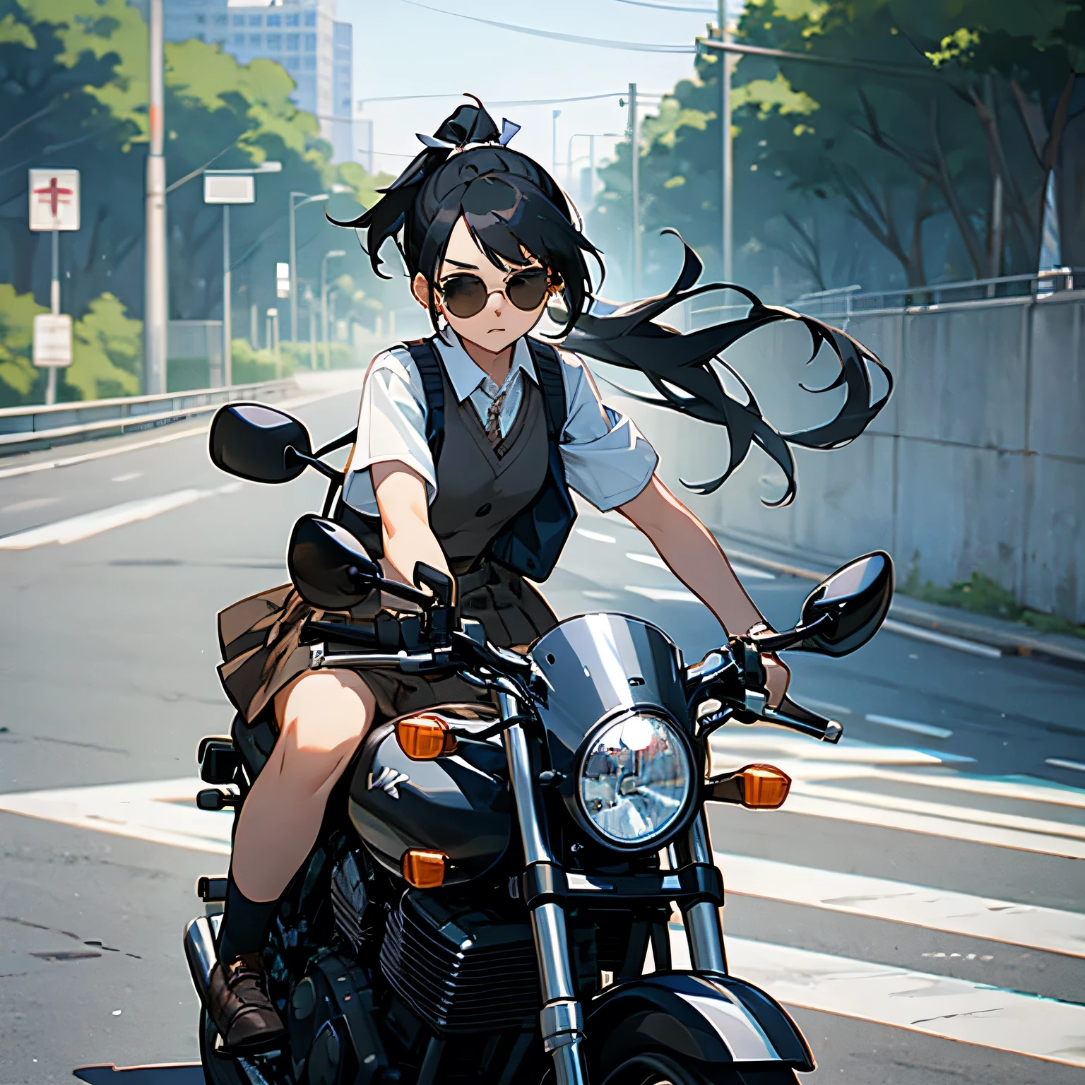 girl、Black Hair、ponytail、sunglasses、Brown vest、White shirt、Checked Skirt、Blue ribbon、Riding on motorcycle、Expressway、Turning the Corner