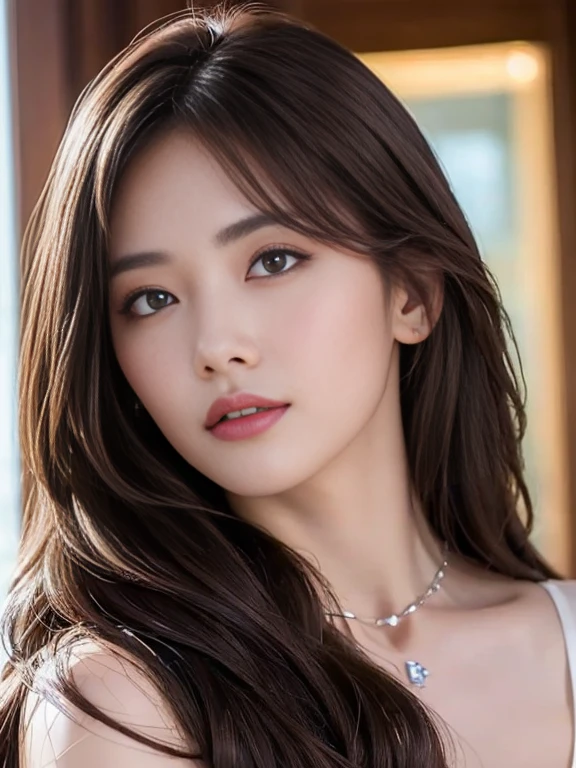 ((Real Lighting、highest quality、8K、masterpiece:1.3))、8K、clear focus:1.2、NSFW、（nude:1.5）、((real)) 、((real light、highest quality) )、model body shape:1.4、(dark brown hair、out:1.8)、dark brown eyes、long hair、resort、At Nangoku Hotel、(24-years-old:1.3)、super detailed face、fine eyes、double eyelid、necklace、put hair over one eye、high heels、eyeliner、comb your hair、Blue sea view、liberation、model pose、
