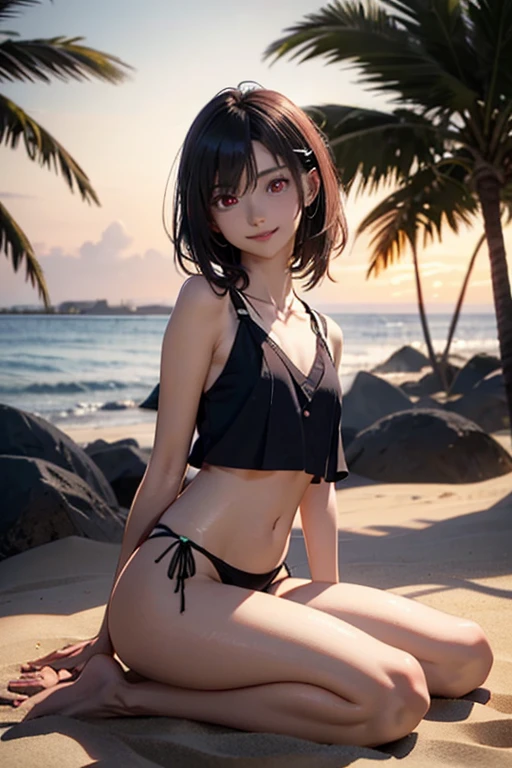 masterpiece, best quality, ultra detailed, highres, extremely detailed CG unity 8k wallpaper, perfect lighting,  very detailed background, Outdoor、beautiful and aesthetic,sharp focus, perfect face, Perfect hands、Perfect Fingers、Perfect toes、Five fingers、
1lady、 smiling、
short black hair, large red eyes、delicate oval face、(flat chest:1.9)、Underlim figure、underboob、
Purple triangle bikini、Seaside、(Sandy Beach:1.3)、Sunset、Sunset、
thin thong、barefoot、Sitting、View your viewers、
Ambient light、Volumetric Light、shoot from side、(Glowing Skin:1.7)、