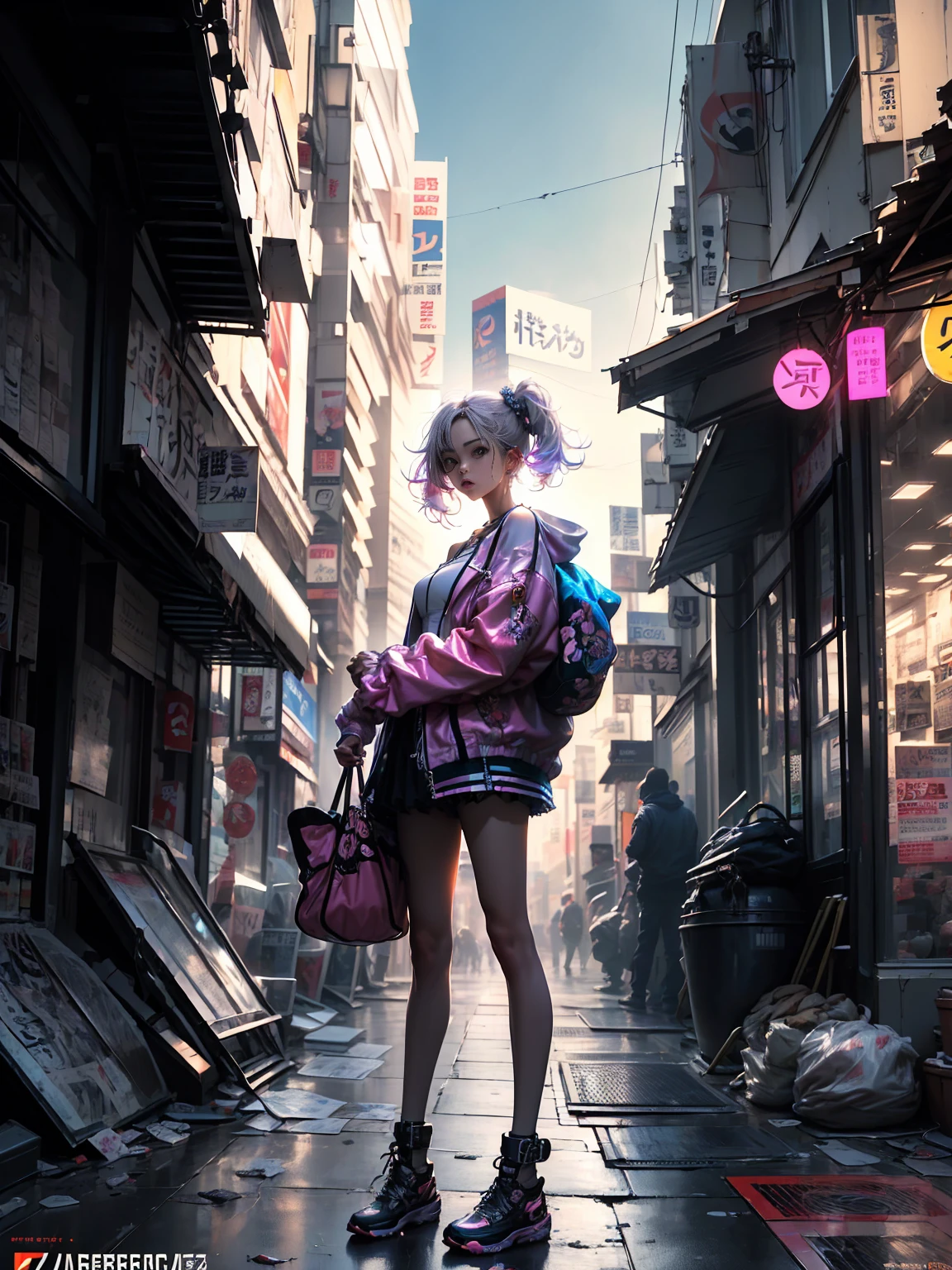 ((Stunning masterpiece anime illustration.)), ((Extremely delicate and beautiful cyber girl.)), ((Cara muy detallada y descubierta)), ((mechanical member, )), (conexiones de tubos que se unen al cuello:1.2), ((masa de alambres y cables en la en cuerpo)), ((wearing a colorful Harajuku technical jacket with logo)), (dynamic pose), ((moto futurista en costado izquierdo)), ((de noche cielo con smog)),(obra maestra), (((Mejor calidad))), ((ultra detallado)), (highly detailed photorealistic CG illustration), cinematic lighting, Science fiction, extremadamente detallado,vistoso,mayor detalle, (((fondo de la ciudad ciberpunk, (Cazarecompensas), distrito de harajuku))), NSFW