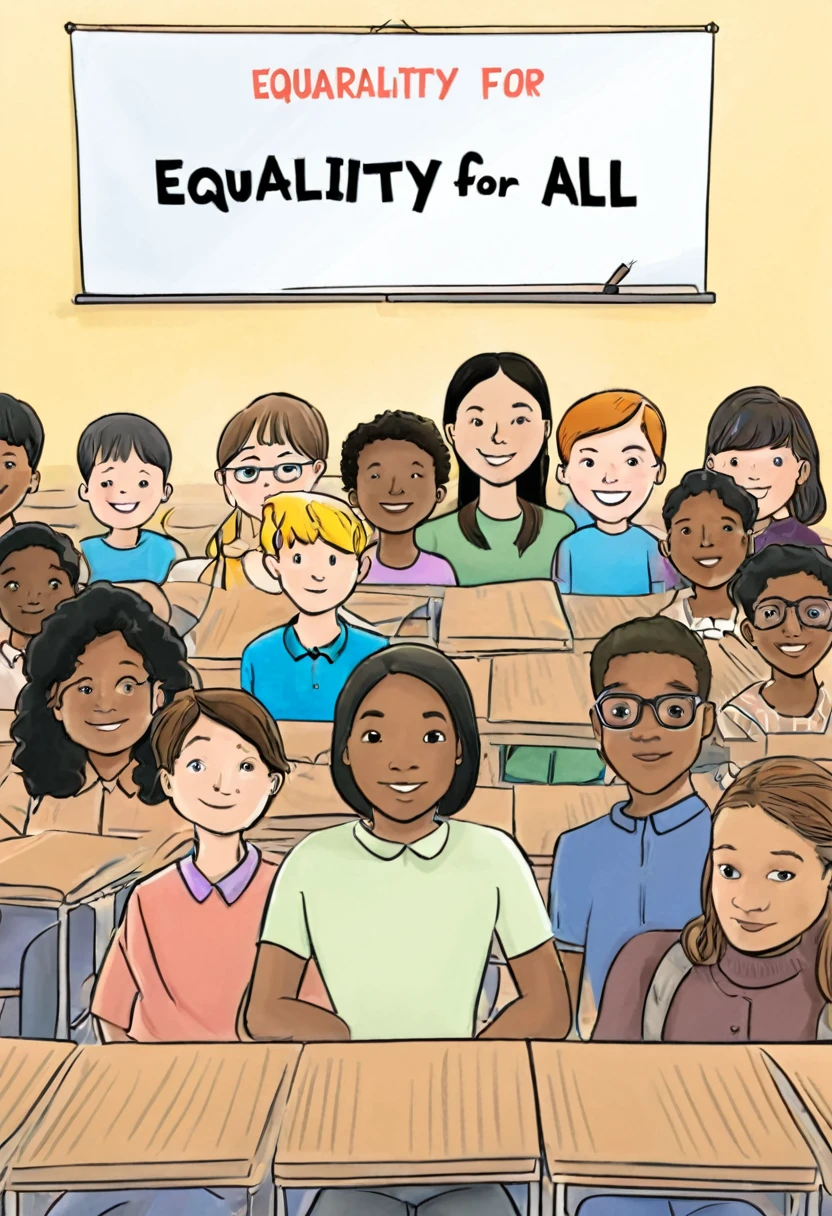 Cartoon Image: Image of a classroom with students of diverse backgrounds and a sign that says "Equality for All"