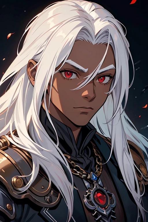 ((best quality)), ((masterpiece)), (detailed), ((boy)), (steampunk), human, upper body, portrait, red eyes, long white hair, Xemnas from Kingdom Hearts, half-drow, dark skinned, (full knight armor), paladin