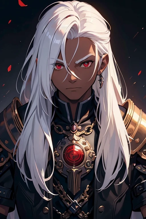 ((best quality)), ((masterpiece)), (detailed), ((boy)), (steampunk), human, upper body, portrait, red eyes, long white hair, Xemnas from Kingdom Hearts, half-drow, dark skinned, (full knight armor), paladin
