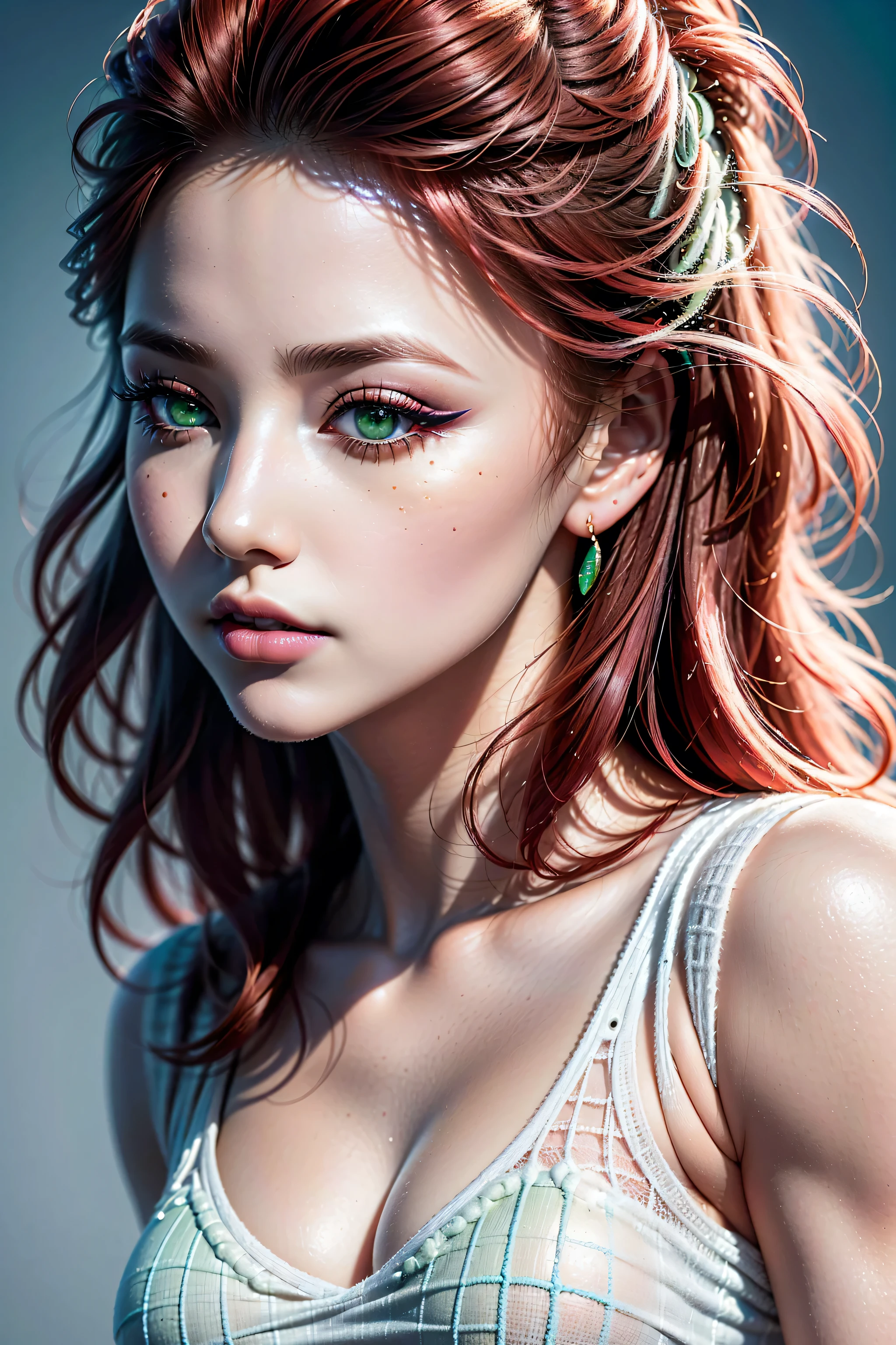 Divide Ratio : 1,1,1 Base Ratio: (intricately detailed portrait:1.15), (1girl:1.35, 20-year-old), Realism, (high resolution), (depth of field), (highest quality realistic texture skin),(highest quality realistic texture hair), ((red hair, (slicked up one side), ultra detailed:1.32)), ((perfect proportions)),((anatomically correct)), ((firm and full breasts:1.25)),((the most absurd quality perfect eyes)), (super intricately detail beautiful face), ((light pale complexion)), ((ultra intricately detailed perfect round realistic green_eyes:1.3)), finely detailed pupils, detailed lips:1.3, pink_makeup:1.35, (long_blue_eyeliner:1.4), (black_lipstick:1.3), (perfect pink_eyeshadows:1.35), (Detailed nose:1.3), (Upper body shot), ((wearing a tight white knitted dress:1.35)), ((small round head:1.3)), ((close up of her face:1.2)), exquisite balance of shadows, perfect composition, ((look at the viewer)), Hasselblad, 85mm f/4.0, (the most absurd quality), (masterpiece)、impeccable body posture, upright, self-confident, telephoto lens, (Background gray、Plain grey background,)