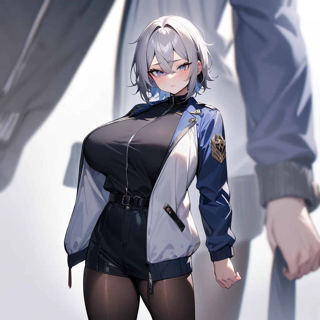 masterpiece,best quality,very aesthetic,absurdres,androgynous,from front,looking at viewer,jacket,pantyhose,big breast,layer