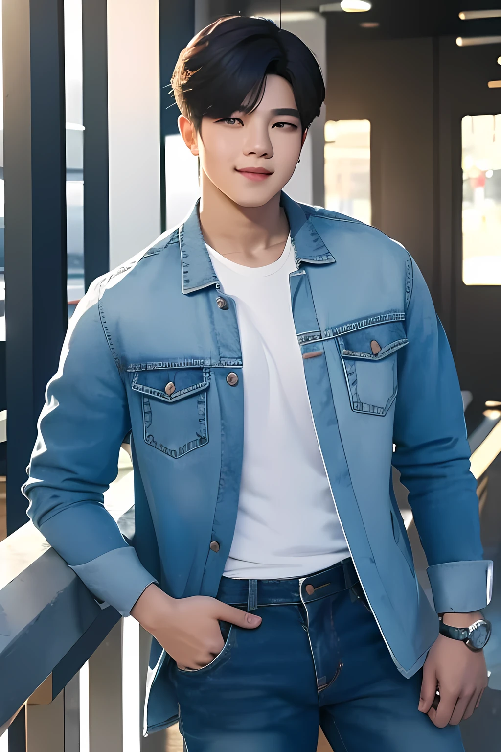 a young man standing in modern jacket and shirt and jeans, inspirado em Jimin, bts, homem jovem coreano, homem jovem inspirado em Jimin, inspirado em Park Jimin, she is looking at the camera, gentle smile and looking at the camera, standing photo, standing photo na rua