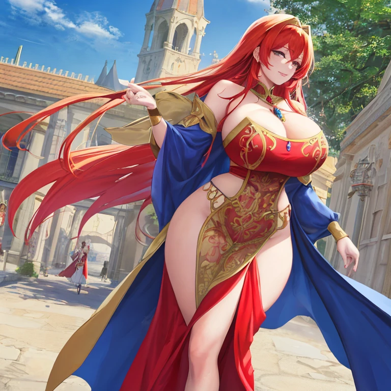 Obra maestra (Masterpiece): An anime Milf (Mature Female) with voluptuous curves, boasting large, exposed breasts of high definition, sports a long, shiny red wig with golden crest and ornament. Her ruby-red dress, adorned with intricate designs, reveals a hint of her cleavage and slim arms, as she stands proudly against a castle backdrop in a fantasy world. With sapphire-blue eyes that radiate brilliance, she flashes a cheerful smile, showcasing her detailed, expressive features in this exquisite, ultra-high resolution painting. (4K, Best Quality)
Una chica: An anime