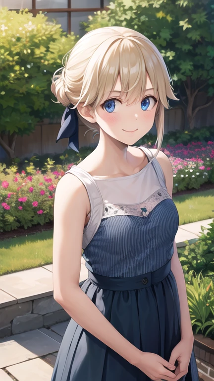 Obra maestra, mejor calidad, high resolution, 1 chica, solo, pelo largo, pelo rubio, Cinta para el pelo, golpes, blue eyes, de pie, tiro de vaquero, vestido de novia, vestido blanco, sonrisa, boca abierta, sosteniendo ramo, garden, Papel picado,