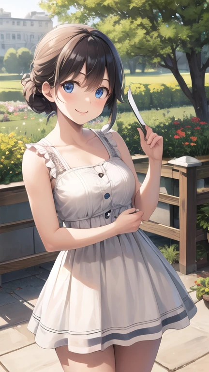 Obra maestra, mejor calidad, high resolution, 1 chica, solo, pelo largo, pelo rubio, Cinta para el pelo, golpes, blue eyes, de pie, tiro de vaquero, vestido de novia, vestido blanco, sonrisa, boca abierta, sosteniendo ramo, garden, Papel picado,