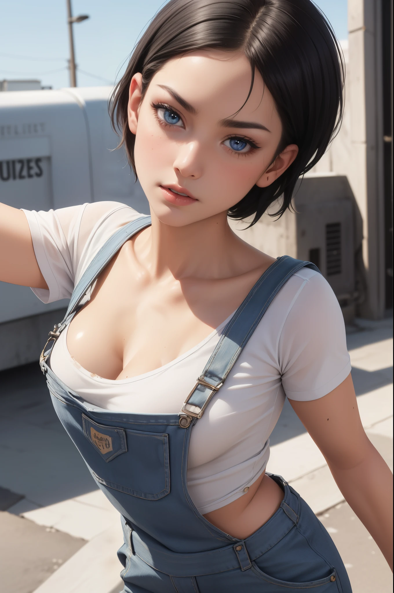 8k,masterpiece, bset quality,big, (1 girl), 2B, blue_eyes, black hair, short hair, professional lighting, (shiny skin: 1.2), shiny big, ((best quality)), sharp focus: 1.2, highly detailed face and skin texture, perfect face, perfect body, blur art, cg, background, Big breasts, presence (20yo, mature cool and beautiful face), wearing ((dirty overalls), white taut shirt, thigh), blush, (mittgal), random pose, top view, perfect eye, angry face