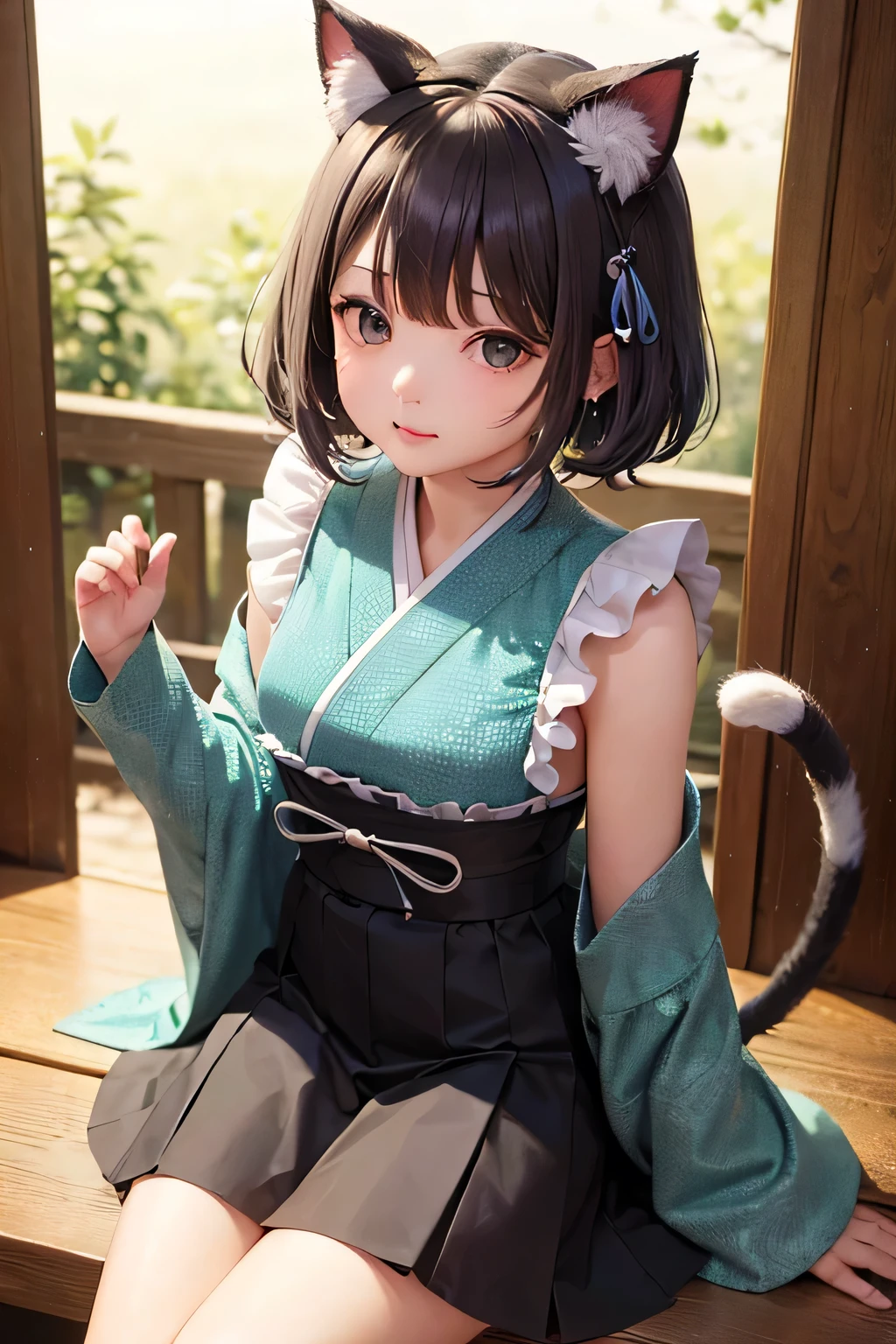 masterpiece, highest quality, One girl, whole body、Aqua Eye, Mouth closed, Earrings, Long-sleeved kimono,Paw pattern、Three-haired cat pattern、mini skirt、Frills、ribbon、short hair, Gray Hair、A lock of brown hair、Cat ear、Three-haired cat、tail、Three-haired cat