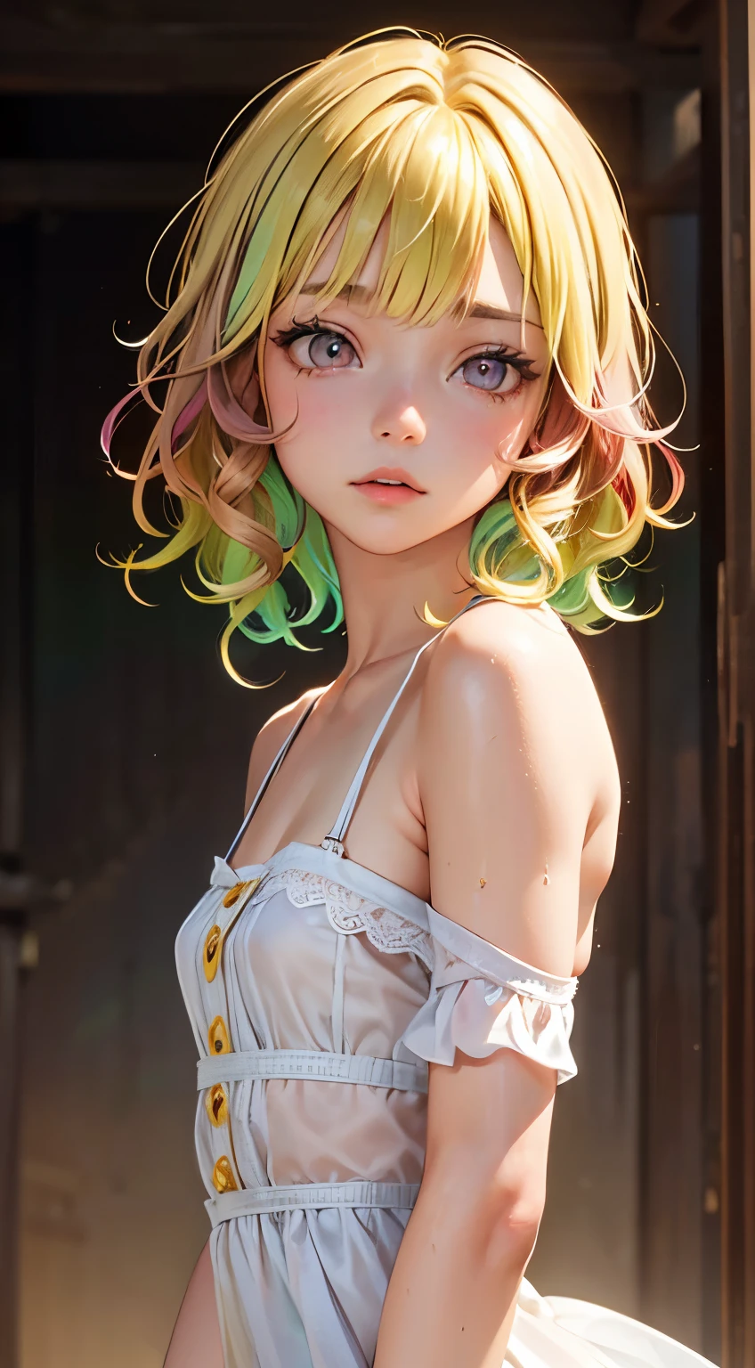 One woman, alone, alone Focus, Cowboy Shot, Portraiture,, Beaver,Half water color, Half Green, ((Brown Hair)), (Yellow Hair), (Gradient Hair :1.5), Curly Hair, ((Pink Eyes)), Ultra-detailed eyes, work, White see-through, (Small TI quality, Very detailed,Full Shot