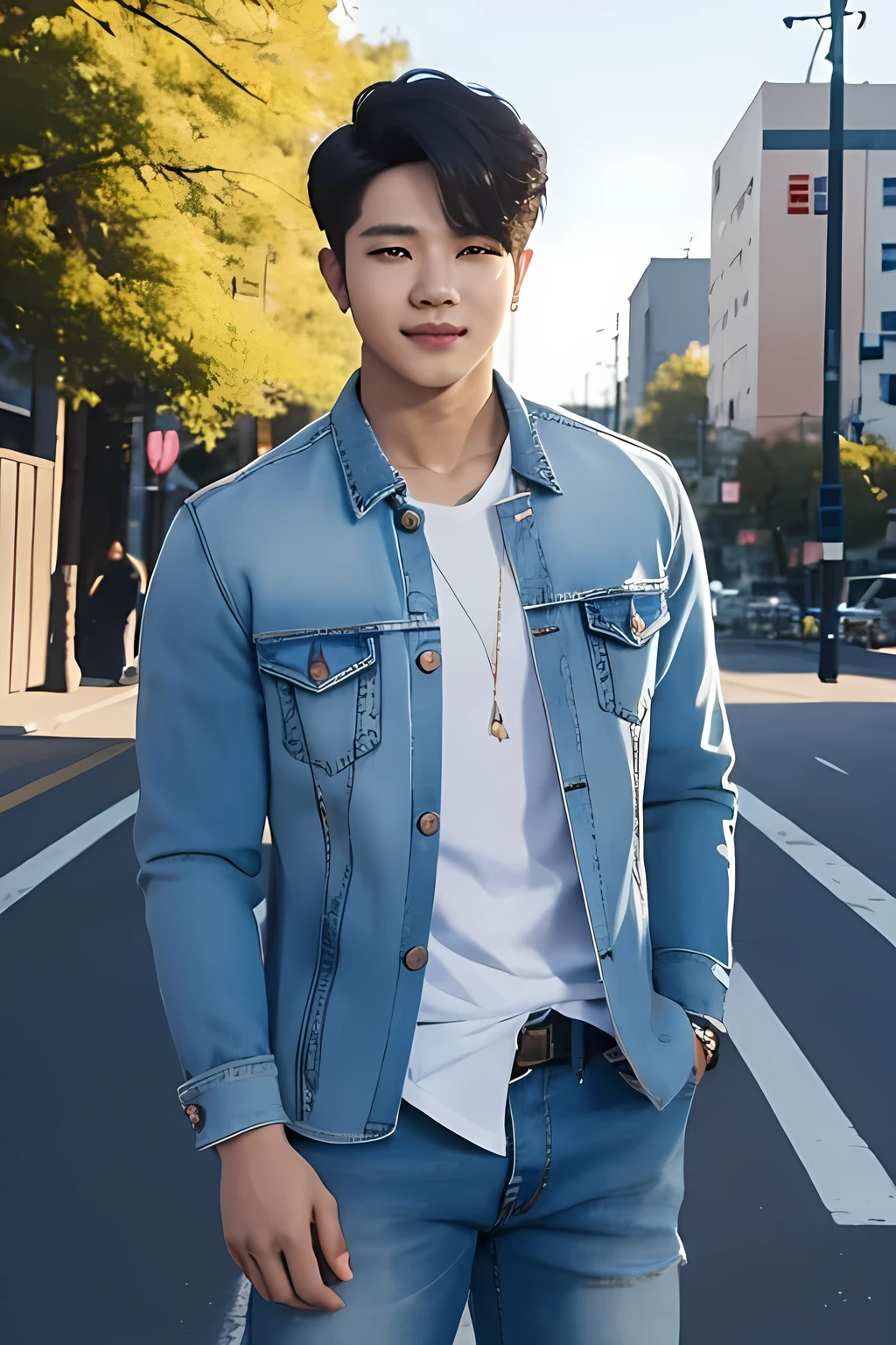 a young man standing in modern jacket and shirt and jeans, inspirado em Jimin, bts, homem jovem coreano, homem jovem inspirado em Jimin, inspirado em Park Jimin, she is looking at the camera, gentle smile and looking at the camera, standing photo, standing photo na rua