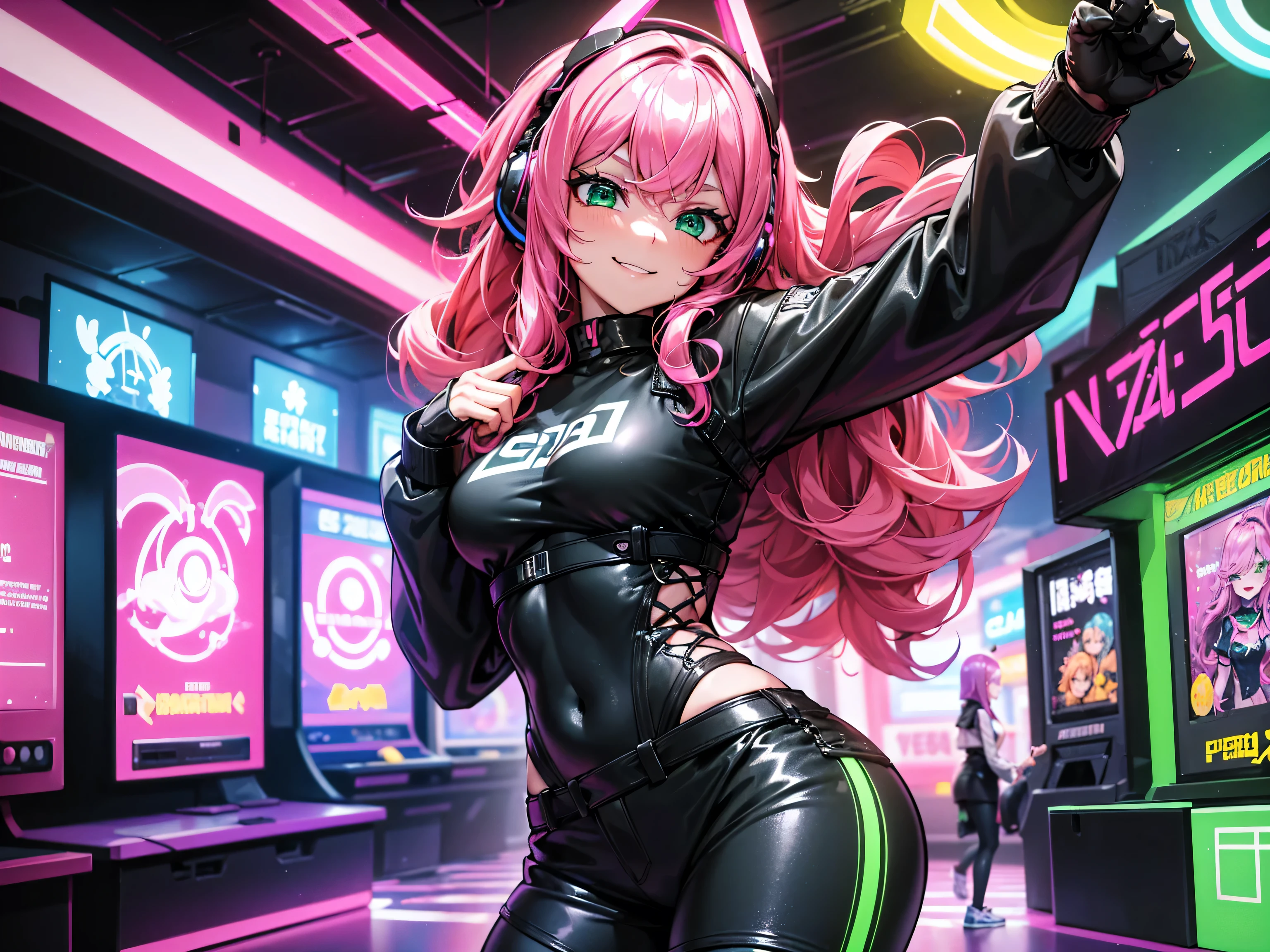 masterpiece:1.4, 1girl ((20year old, dressed in long sleeve shirt, tight black shorts, sneakers, medium breasts, multicolor pink hair, curly long hair, perfect model body, green eyes:1.4, Wearing headphones, looking up, happy, smiling, flirting, inside an arcade, neon lighting and colorful, futuristic club, futuristic and exciting atmosphere)) ((solo))