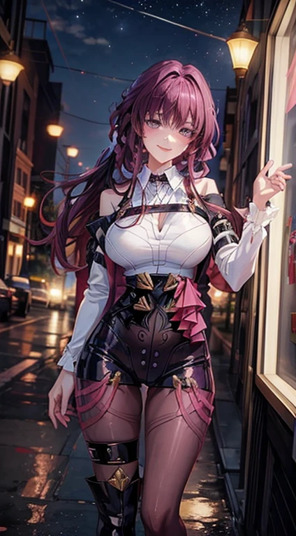 masterpiece, best quality, beauty, Anime hot girl, sexy uniforms, tight, purple hair, seductive smile, full body, portrait, beautiful woman, at night background,