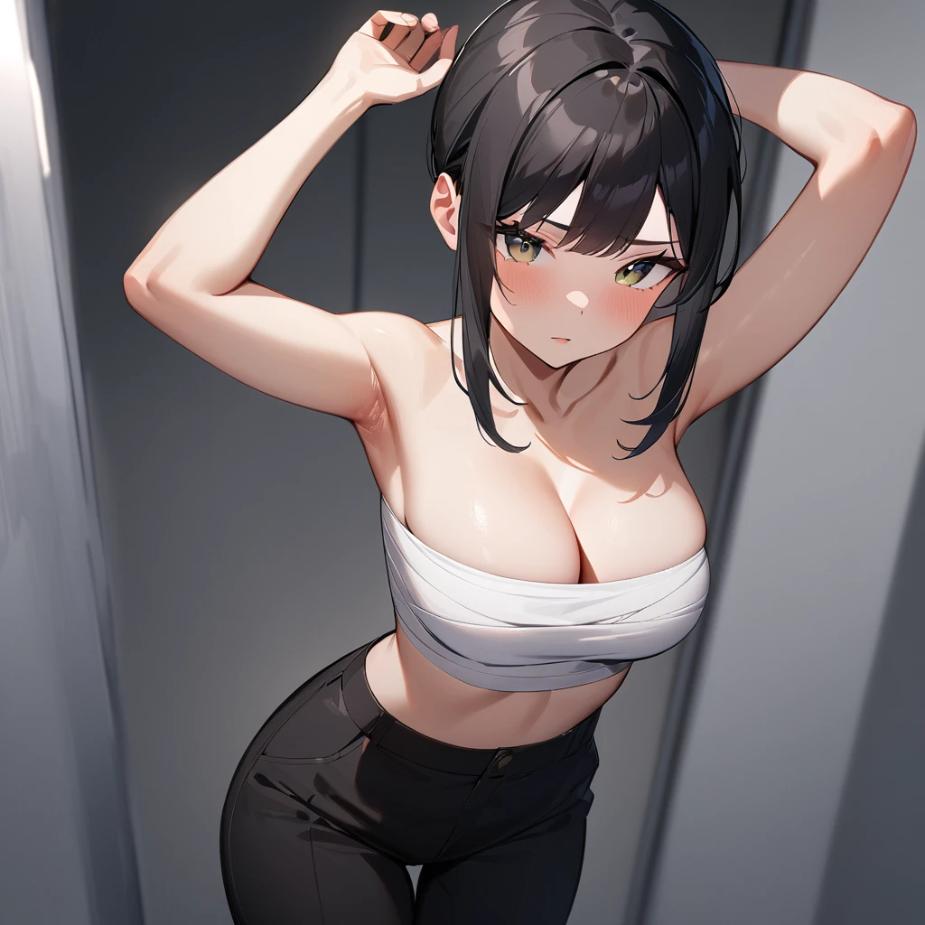 nsfw,1girl,(black hair:1.3),front view,chest_sarashi only,best quality,very aesthetic,absurdres,slacks,cowboy shot,cleavage,sidelocks,looking at viewer,cowboy shot,topless,cowboy shot,Underarm,arms up