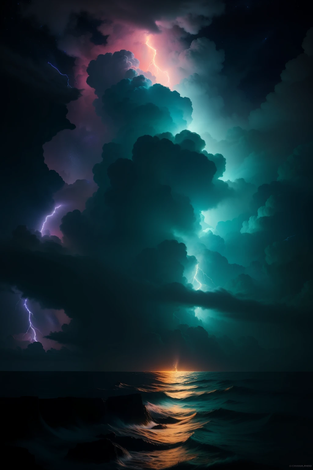 A breathtaking cloud formation resembling a dragon's head, impressively depicted in the photograph. The clouds are a mix of roses, violets, and oranges, showcasing vivid details that bring out the dragon's facial features. The dragon's eyes seem to shine subtly, instilling a mysterious aura in the image. A backdrop of lightning captures the dramatic essence of the photo. Below, the dark ocean reflects both the light of the lightning and the twinkling stars. (Impressionistic, dramatic, vivid, mystical, high definition, 8K)