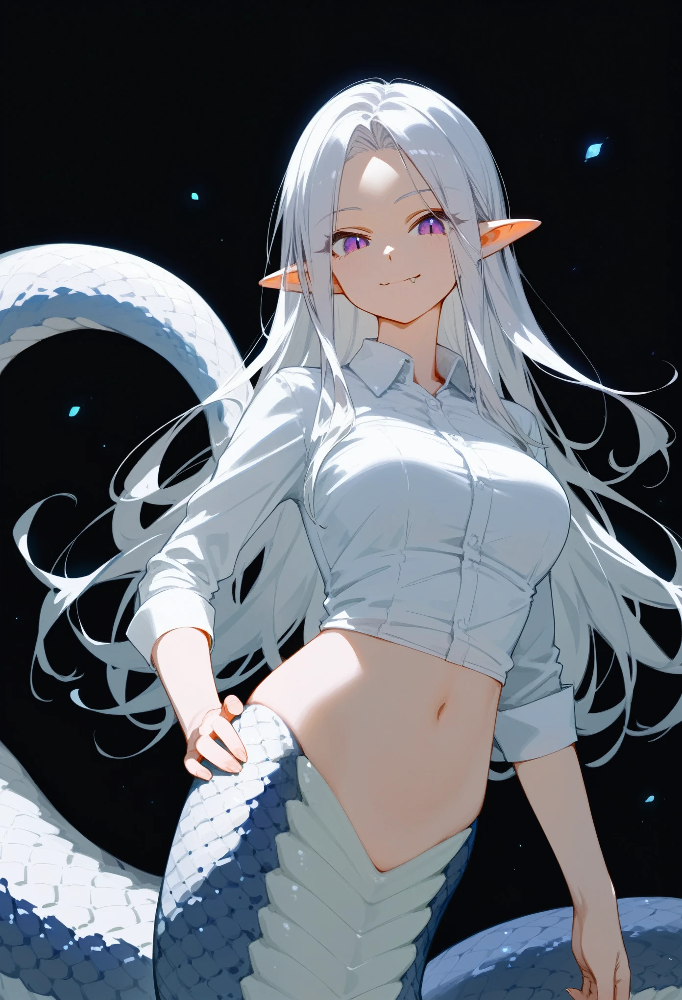 Masterpiece, best quality, score_9, score_8_up, score_7_up, 1girl, lamia monstergirl, white scales, white belly, purple eyes, white hair, long hair, parted bangs, pointy ears, hand on hip, white collared shirt, relaxed, closed mouth, small smile, fang, looking at viewer, black background, upper body, zoom out, 