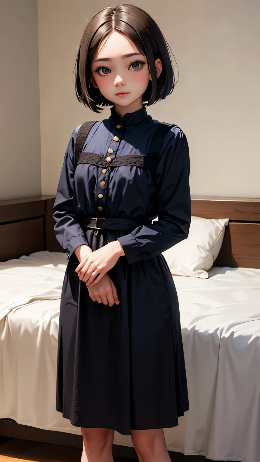 short hair, 前髪のあるshort hair, Woman with pretty face, Cute little face in a portrait, French Bob, White skin!!, 短い茶色の髪とBig eyes, Soft Portrait Shot 8k, Beautiful light、Big eyes, Beautiful woman, Young girl with bob cut, Full body shot,Best image quality, Tabletop, Leonardo da Vinci's Notebooks Da Vinci, Leonardo da Vinci's manuscript in the background,show off your thin legs,