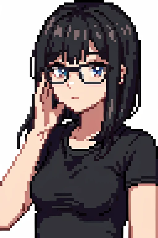 woman with black hair wearing glasses