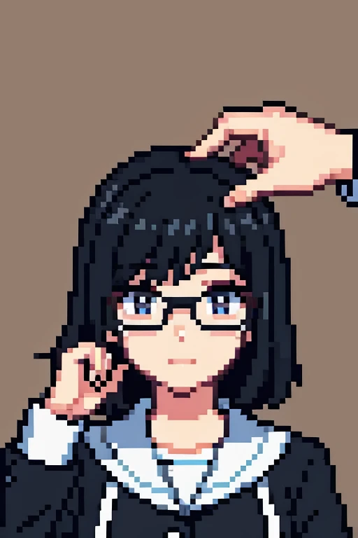 woman with black hair wearing glasses