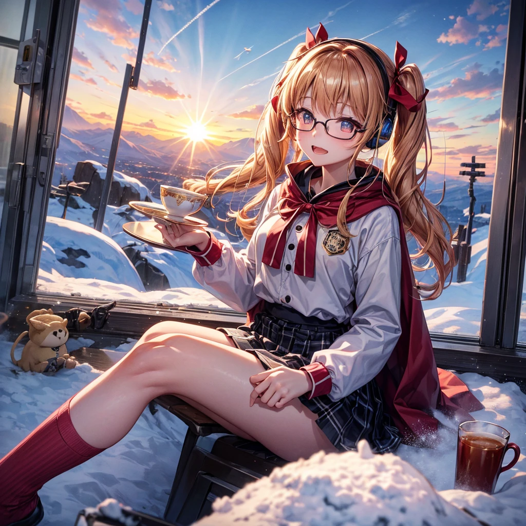 Pink gold golden hair、Golden Eyes、One good looking girl、Twin tails、solo、anime、Checkered mini skirt、The skirt has buttons、Red T-shirt、Long sleeve、China、Cape、Black knee-high socks、Wearing headphones、Wearing a ribbon、Ribbon on waist、Tilting face、Teeth are visible、Sunset sky、The rocks are exploding、Snow is piled up、Rocky Mountain、The clouds are breaking through、Contrail、Glasses、Behind him is a giant World Tree piercing the clouds.、Sitting、Automatic door、Burning Teacup、suspension bridge