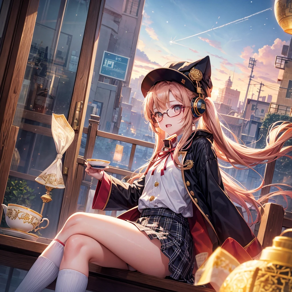Pink gold golden hair、Golden Eyes、One good looking girl、Twin tails、solo、anime、Checkered mini skirt、The skirt has buttons、Red T-shirt、Long sleeve、China、Cape、Black knee-high socks、Wearing headphones、Wearing a ribbon、Ribbon on waist、Tilting face、Teeth are visible、Sunset sky、The rocks are exploding、Snow is piled up、Rocky Mountain、The clouds are breaking through、Contrail、Glasses、Behind him is a giant World Tree piercing the clouds.、Sitting、Automatic door、Burning Teacup、suspension bridge