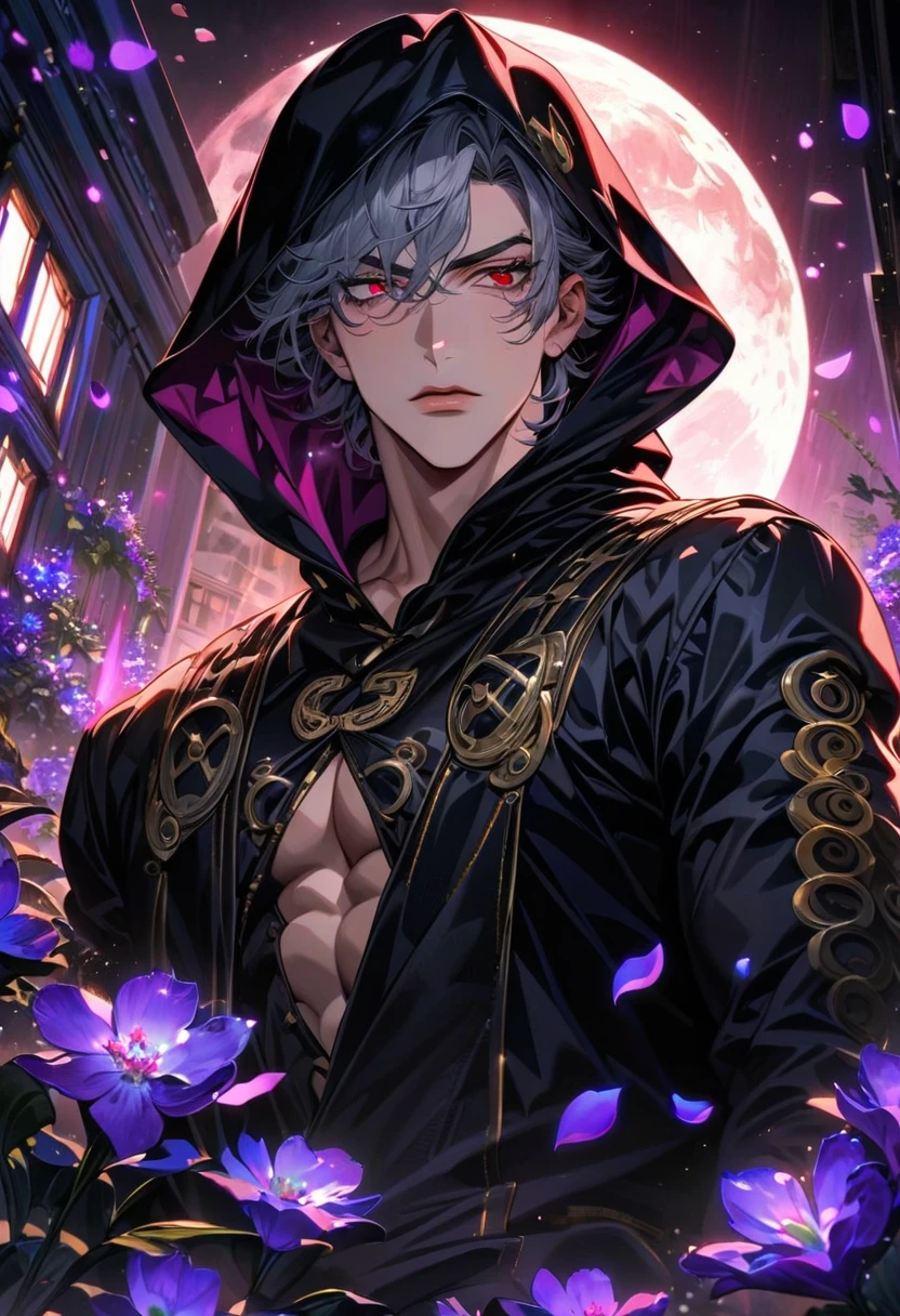 absurdres, highres, ultra detailed, HDR, master piece, ultra detailed picture, extremely detailed face and eyes, Rizotto Nero, gray hair, short hair, with bangs, expressive red eyes, Jojo bizarre adventure, sexy man, solo, handsome, black clothes, wearing a black hood, moon, window, purple flowers, petals, purple shining lights