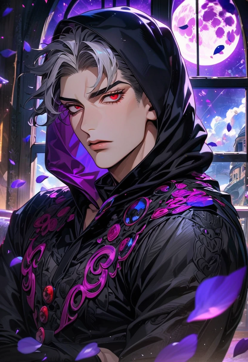 absurdres, highres, ultra detailed, HDR, master piece, ultra detailed picture, extremely detailed face and eyes, Rizotto Nero, gray hair, short hair, with bangs, expressive red eyes, Jojo bizarre adventure, sexy man, solo, handsome, black clothes,  wearing a black hood, moon, window, purple flowers, petals, purple shining lights