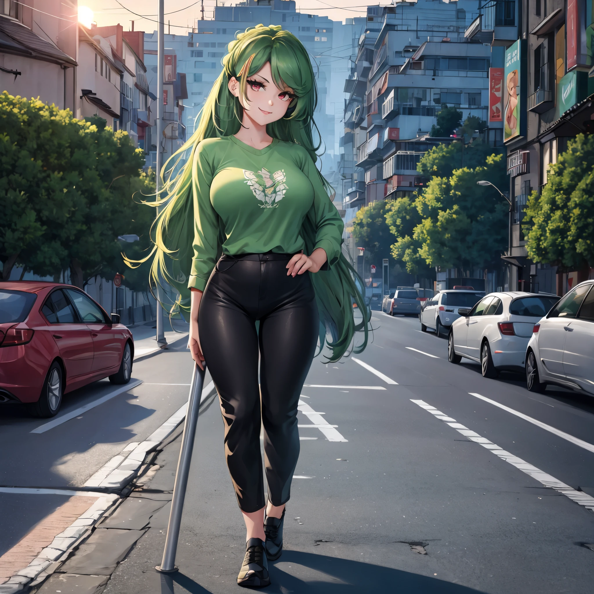 A woman wearing a casual green shirt, with kanji writing on the shirt, wearing tight black pants, big breasts, long green hair, red eyes, smiling, walking on a concrete sidewalk, retro pole in place, perfect tree in the background, a modern city European, full body, at the end of the sunset, illuminated location, bokeh effect,atmospheric perspective, 8k, superdetail, accurate, best quality, award-winning, textured skin, high resolution, anatomically correct(solo woman)
