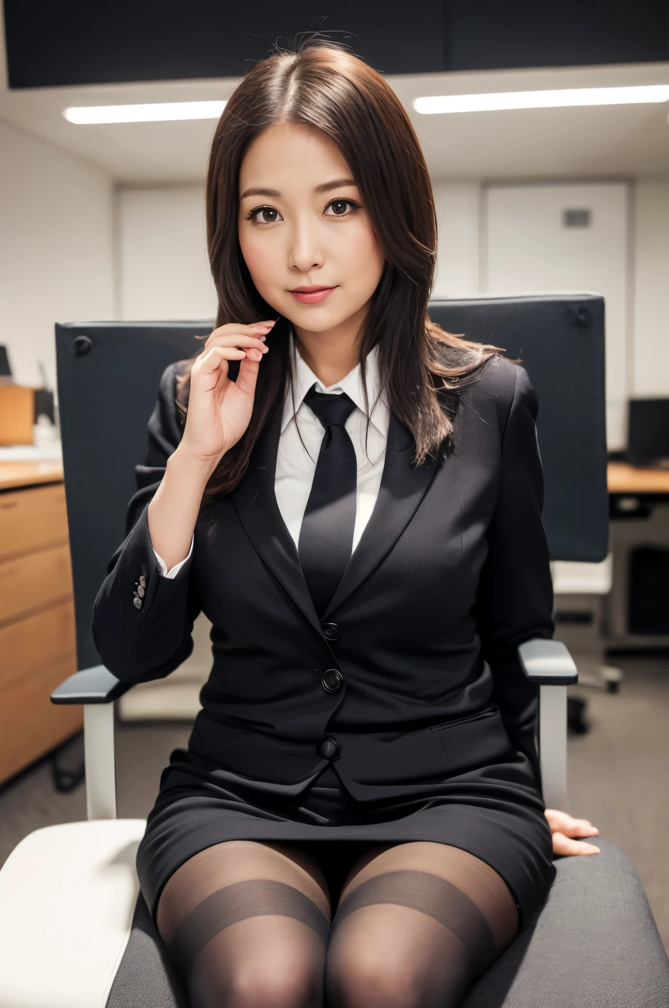 ((masterpiece, Better Quality, hight resolution, Photorealsitic:1.4, Raw photography, high quality image)), ((portrait:1)), 1Milf sitting on office chair, wearing business suit, black stocking, curvy shape:0.5, very detailed and professional lighting, (cute facial expressions),