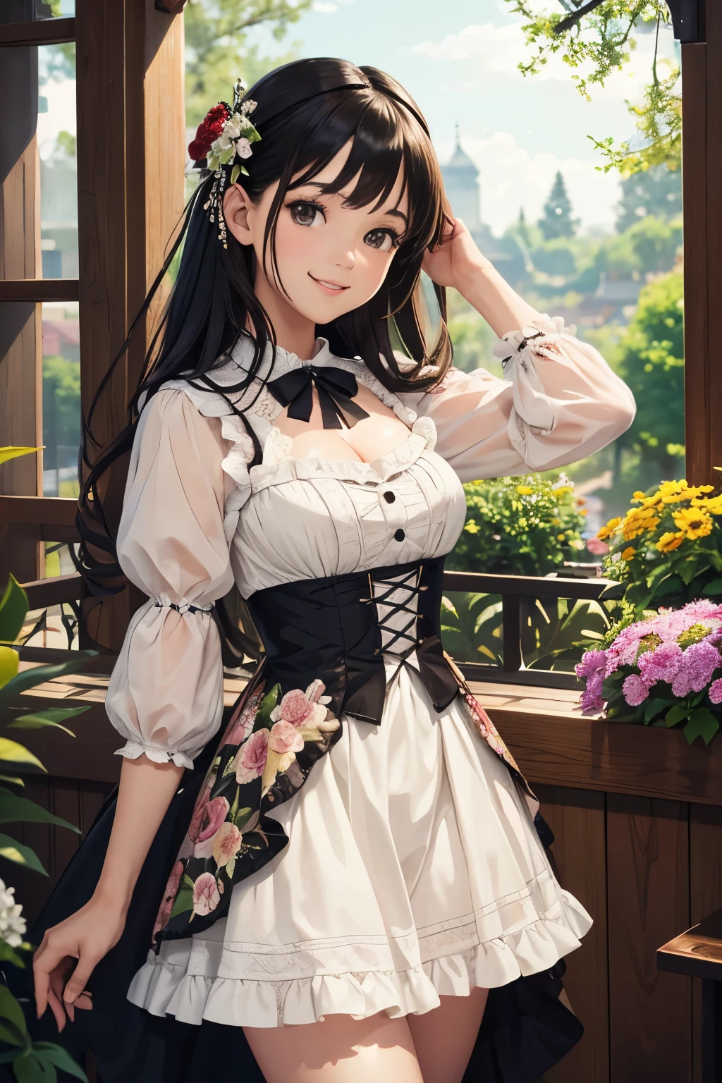 very cute and beautiful girl,(highly detailed beautiful face),(smile:1.2),
black hair,looking at viewer,standing,elegant pose,beautiful legs,cowboy shot,
floral pattern brown ****ta dress with detailed frills, flower garden,elegant wooden arbor,shrubbery,
(best quality,masterpiece),absurdres,highres,ultra-detailed,extremely detailed,32k,8k resolution,
intricate details,cinematic scene,detailed background,solo,dynamic angle,perfect hands,