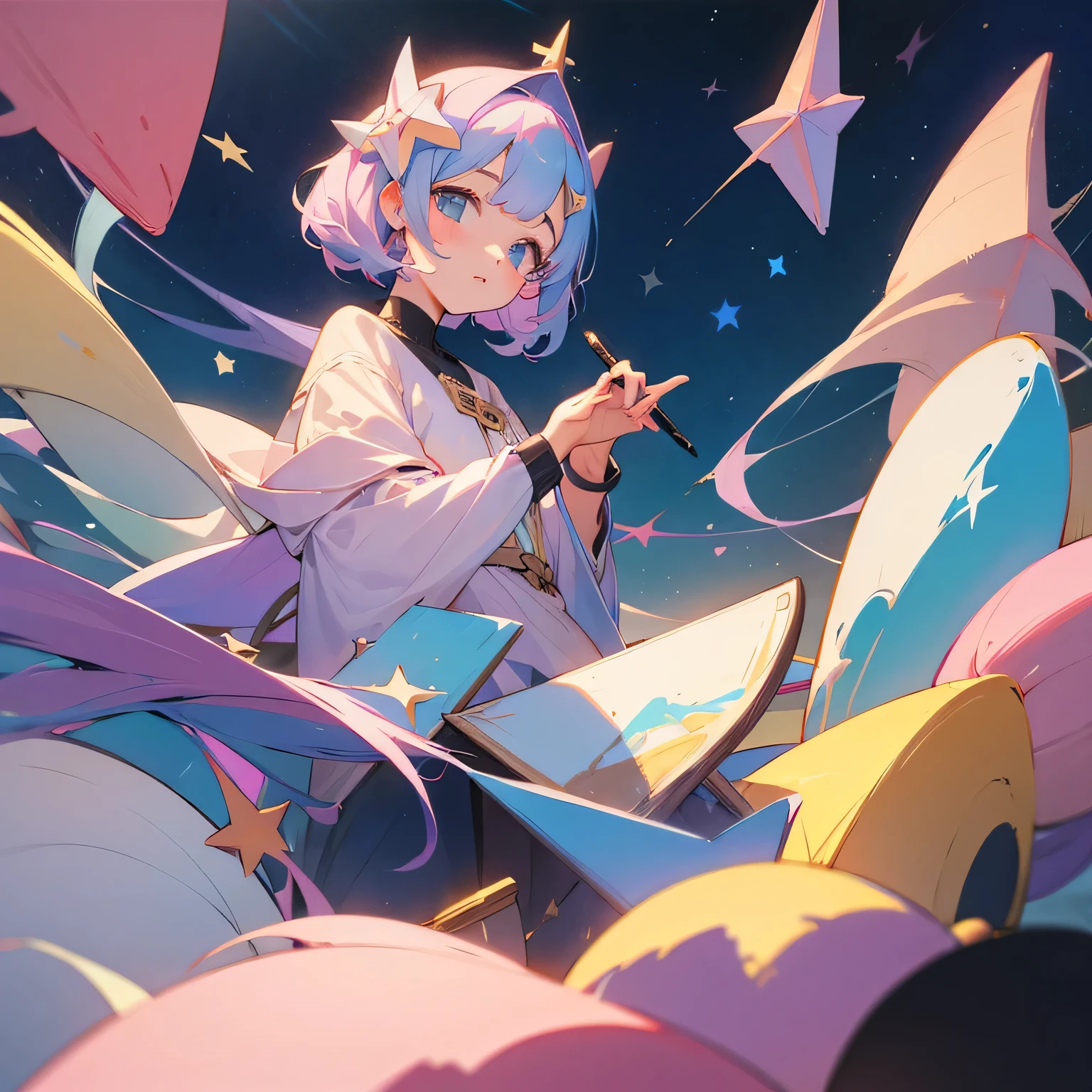 girl、Star-shaped hair ornament、pastel colour、painter、paints、Pen