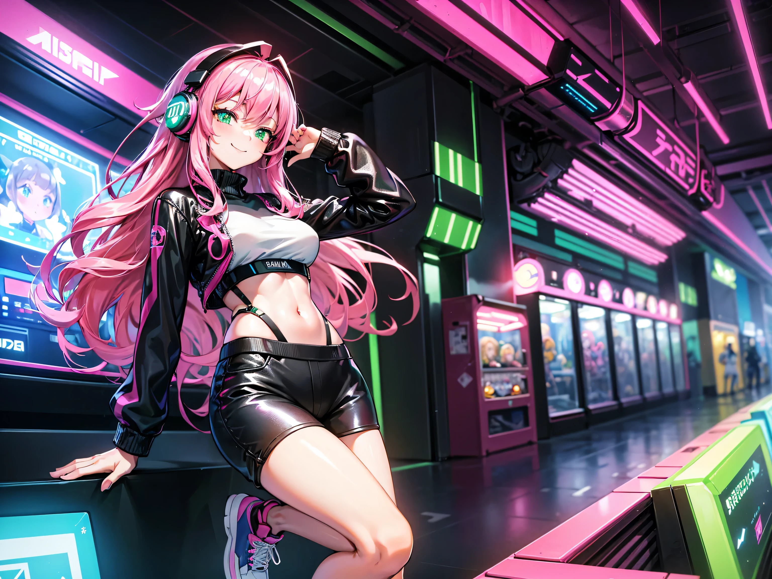 masterpiece:1.4, 1girl ((20year old, dressed in long sleeve shirt, tight black shorts, sneakers, medium breasts, multicolor pink hair, curly long hair, perfect model body, green eyes:1.4, Wearing headphones, looking up, happy, smiling, flirting, inside an arcade, neon lighting and colorful, futuristic club, futuristic and exciting atmosphere)) ((solo))