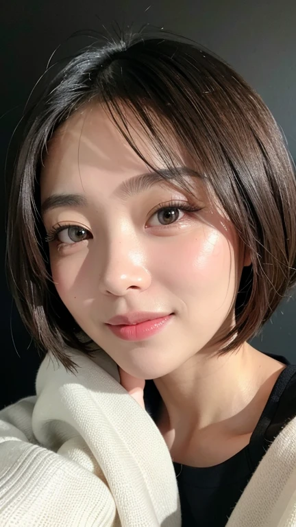 (((Close-up of face)))、(((Absolutely shoulder-length brown straight short bob)))、(((She is posing like a hair salon model, with a black wall indoors as the background.)))、(((Casual black winter long sleeves with shoulders covered)))、Half Japanese, half Korean、18 year old girl、Standing Alone、Looking forward、Light eye makeup、Brown Hair Color、Flat and 、Hair blowing in the wind、Actress Quality、Glossy, ultra-realistic face、Smiling face、Watery eyes、Gazing Up、Subtle lighting effects、 Ultra-Realistic Capture、Very detailed、High resolution 16K close up of human skin。Skin texture must be natural、The details must be such that pores can be clearly seen、The skin is healthy、Uniform tone、Use natural light and colors、A worn-out, high-quality photo taken by a model agency&#39;s in-house photographer.、smile、(((SIGMA 300 mm F/1.4,1/1000 sec shutter,ISO 400))) 